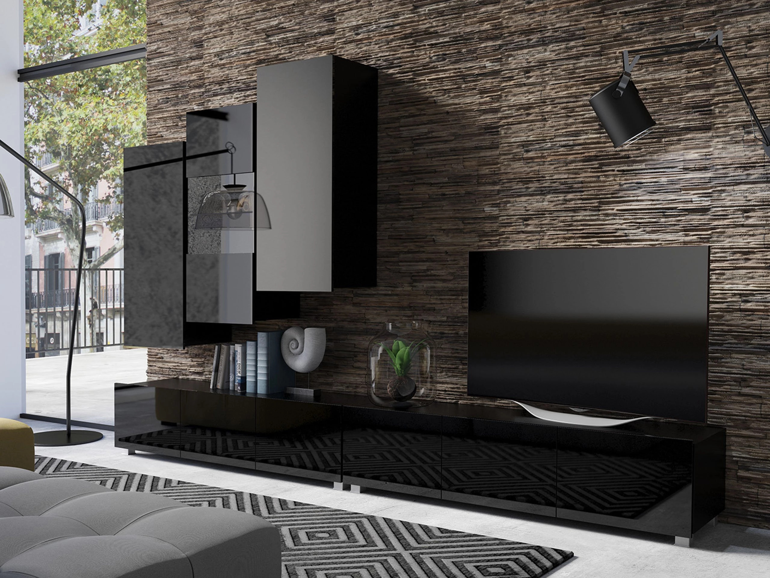 Hängeschrank Tivdalu 126 (Schwarz + Schwarz glänzend)