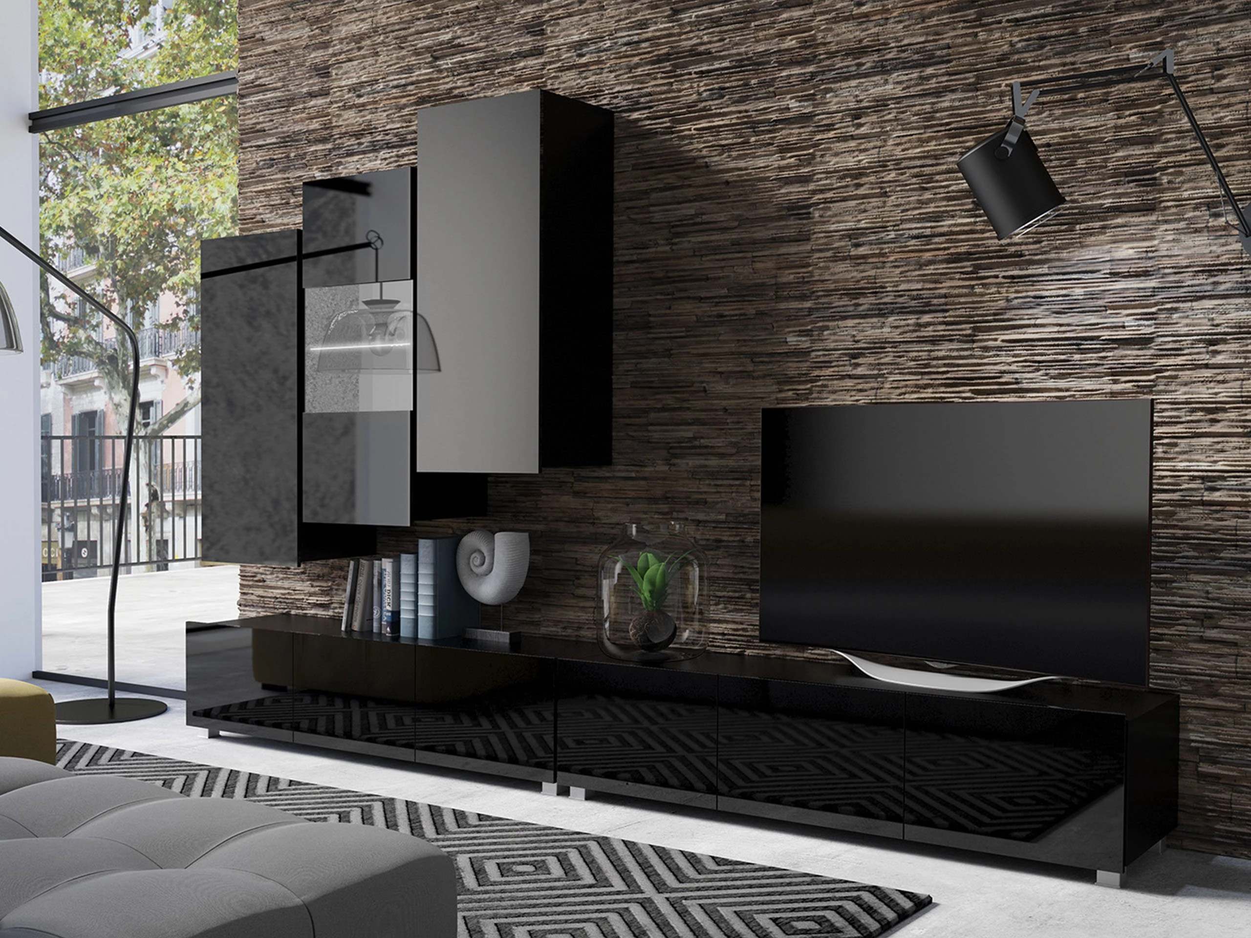 Wohnzimmer-Set Remus XVII (Schwarz + Schwarz glänzend)