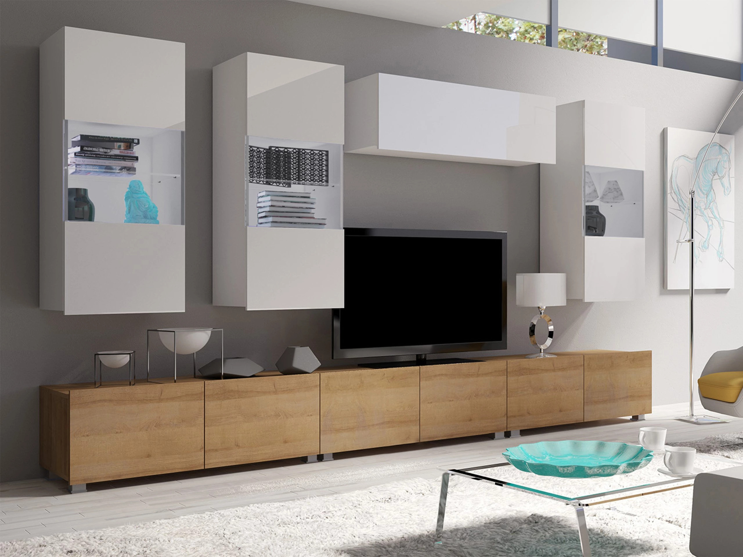Wohnzimmer-Sets Remus XI (Goldene Eichenholzoptik + Weiss + Weiss glänzend)