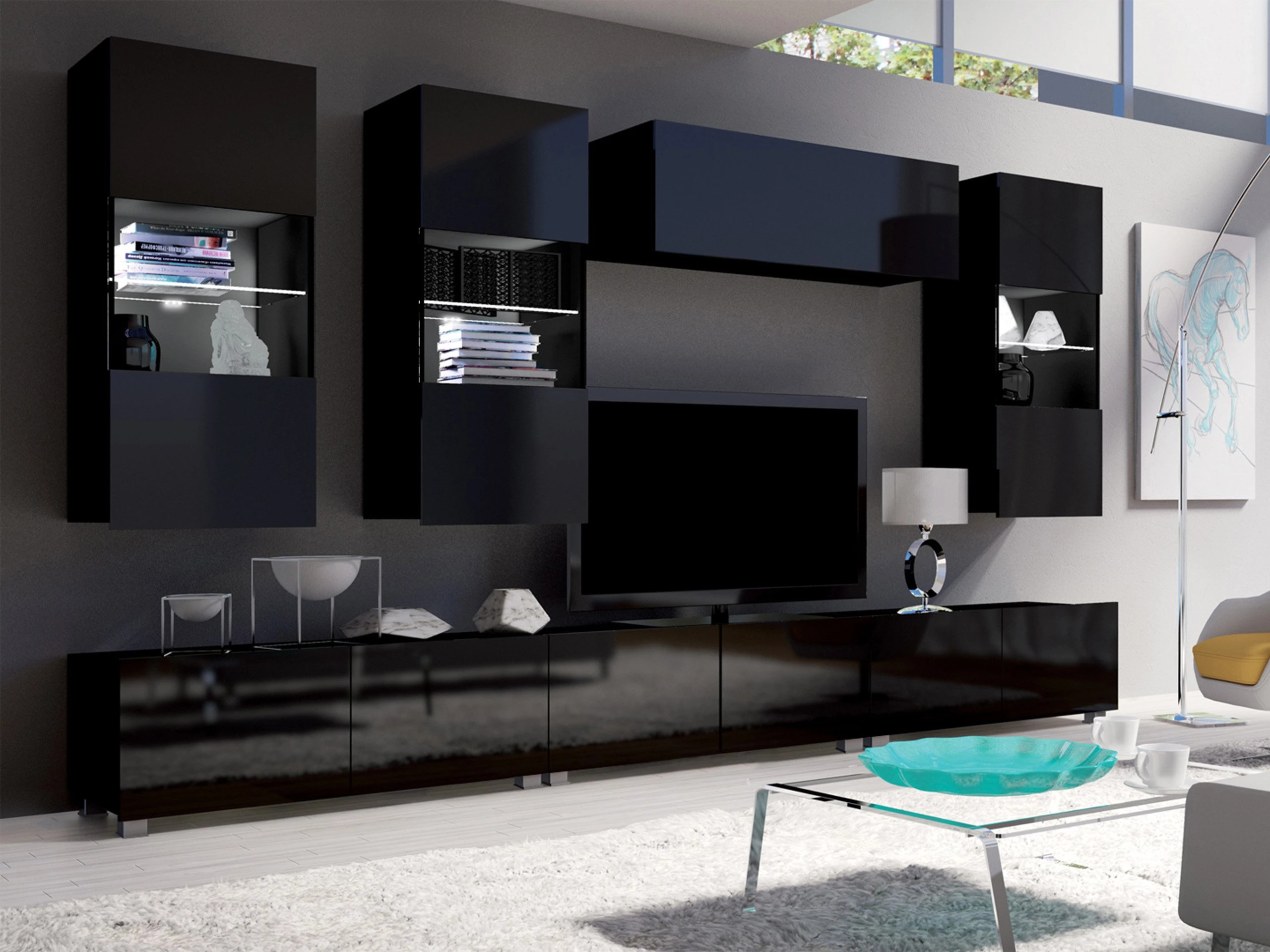 Wohnzimmer-Sets Remus XI (Schwarz + Schwarz glänzend)