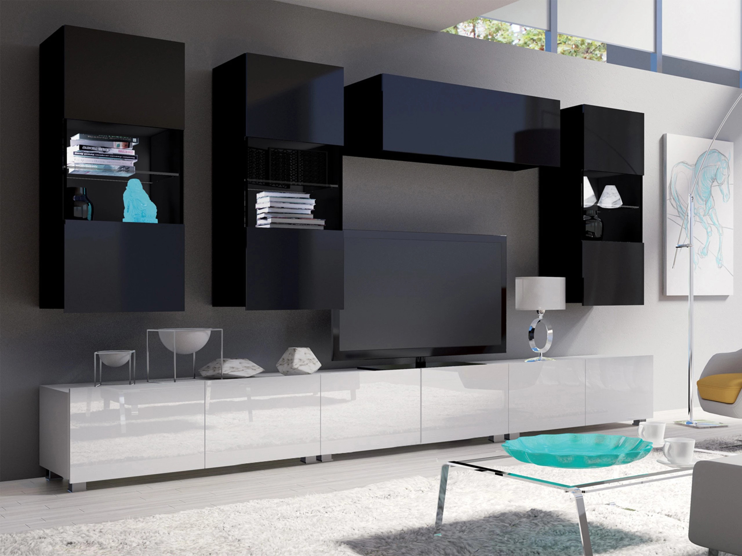 Wohnzimmer-Sets Remus XI (Weiss + Weiss glänzend + Schwarz + Schwarz glänzend)