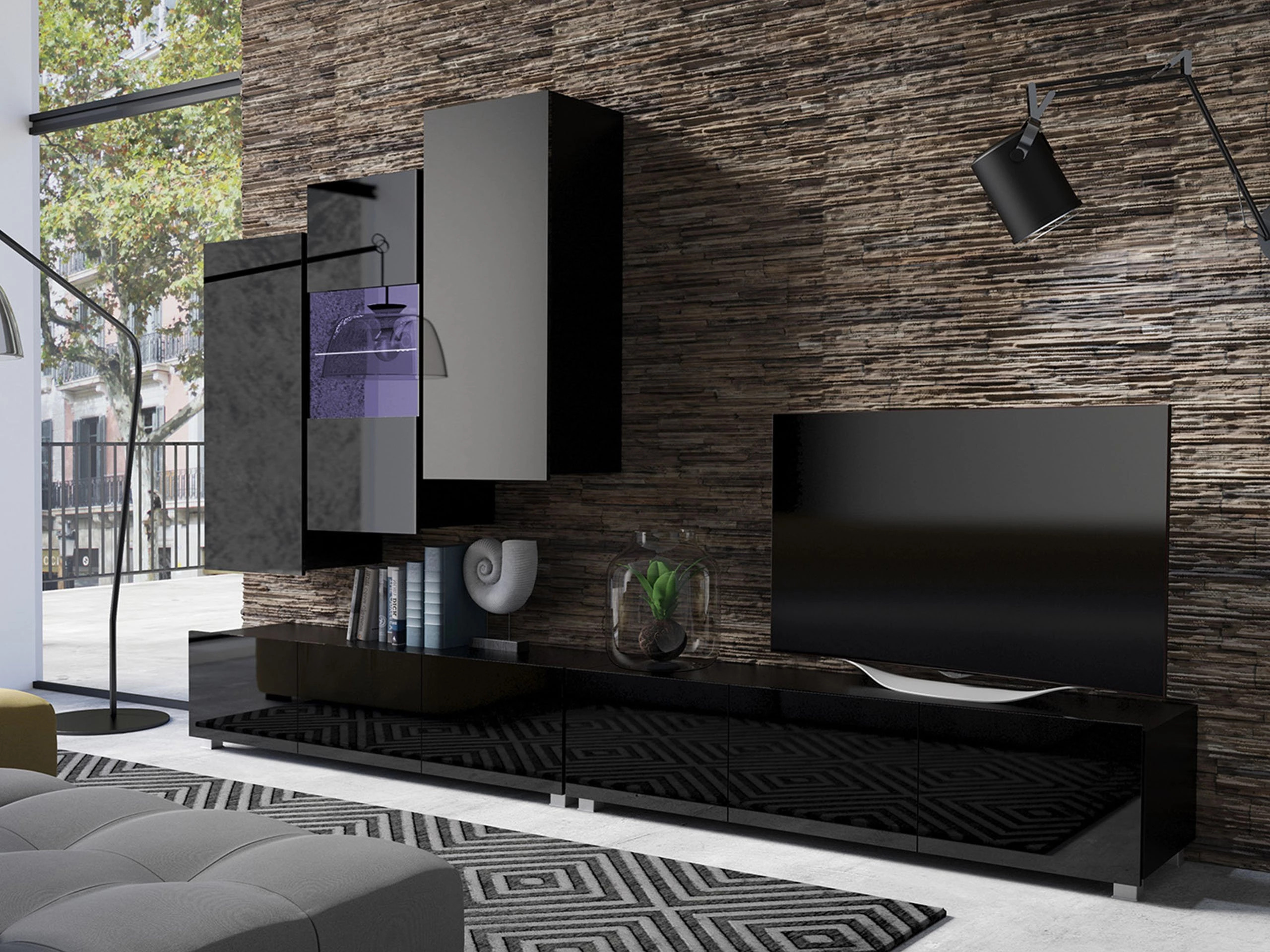 Wohnzimmer-Sets Remus XVII (Schwarz + Schwarz glänzend)