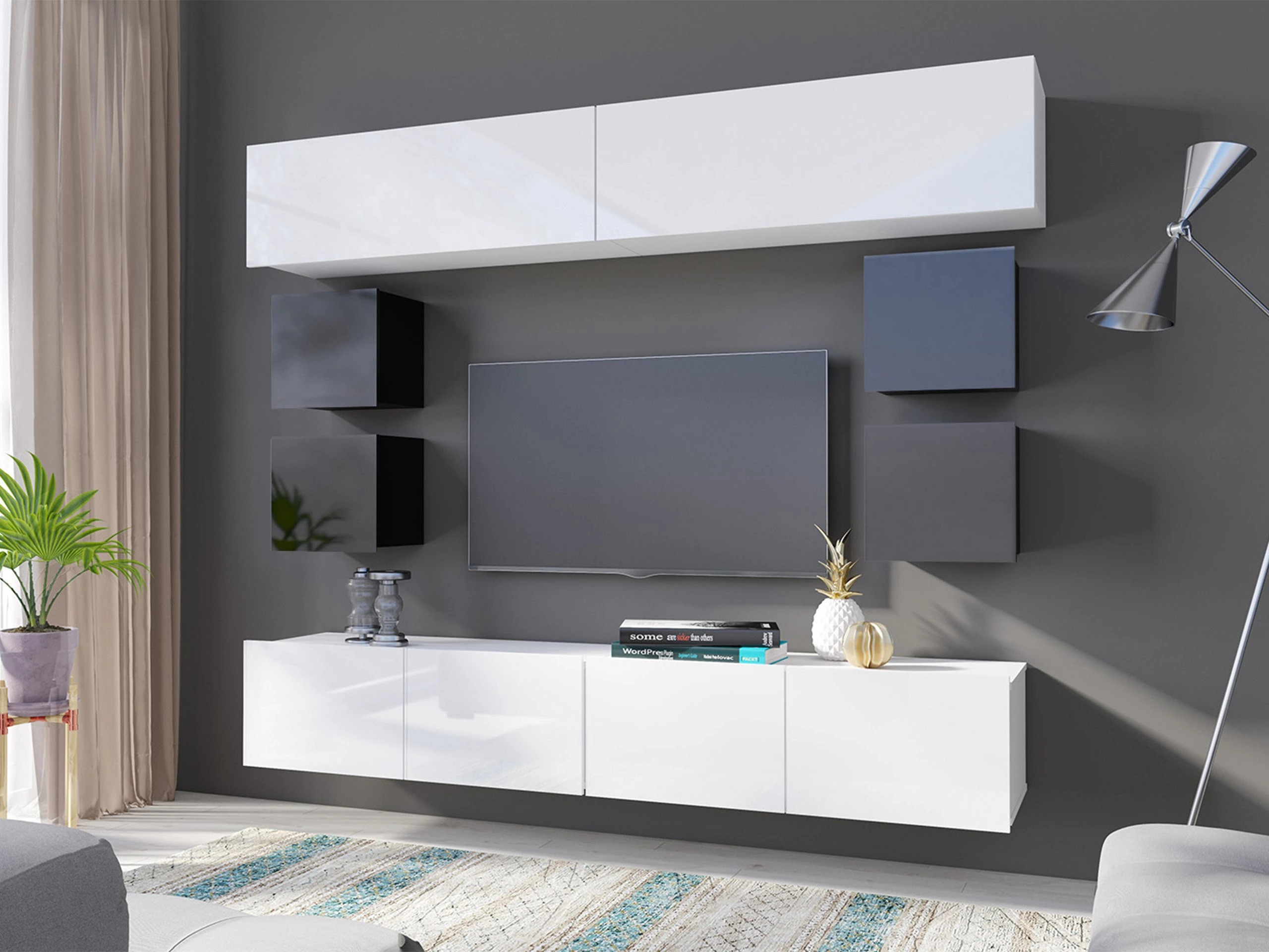 Wohnzimmer-Set Remus XVI (Schwarz + Schwarz glänzend + Weiss + Weiss glänzend)