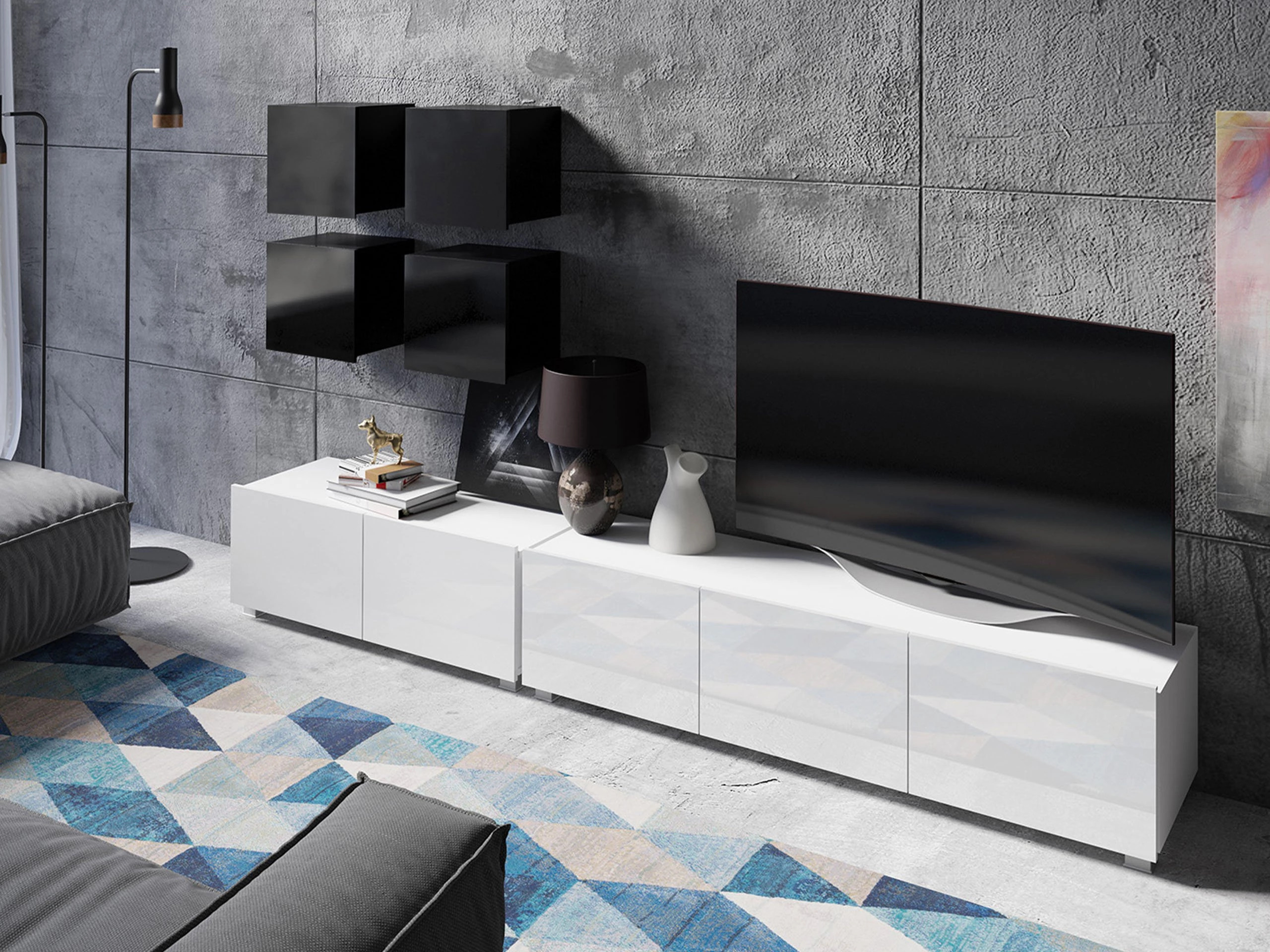 Wohnzimmer-Set Remus XVIII (Schwarz + Schwarz glänzend + Weiss + Weiss glänzend)