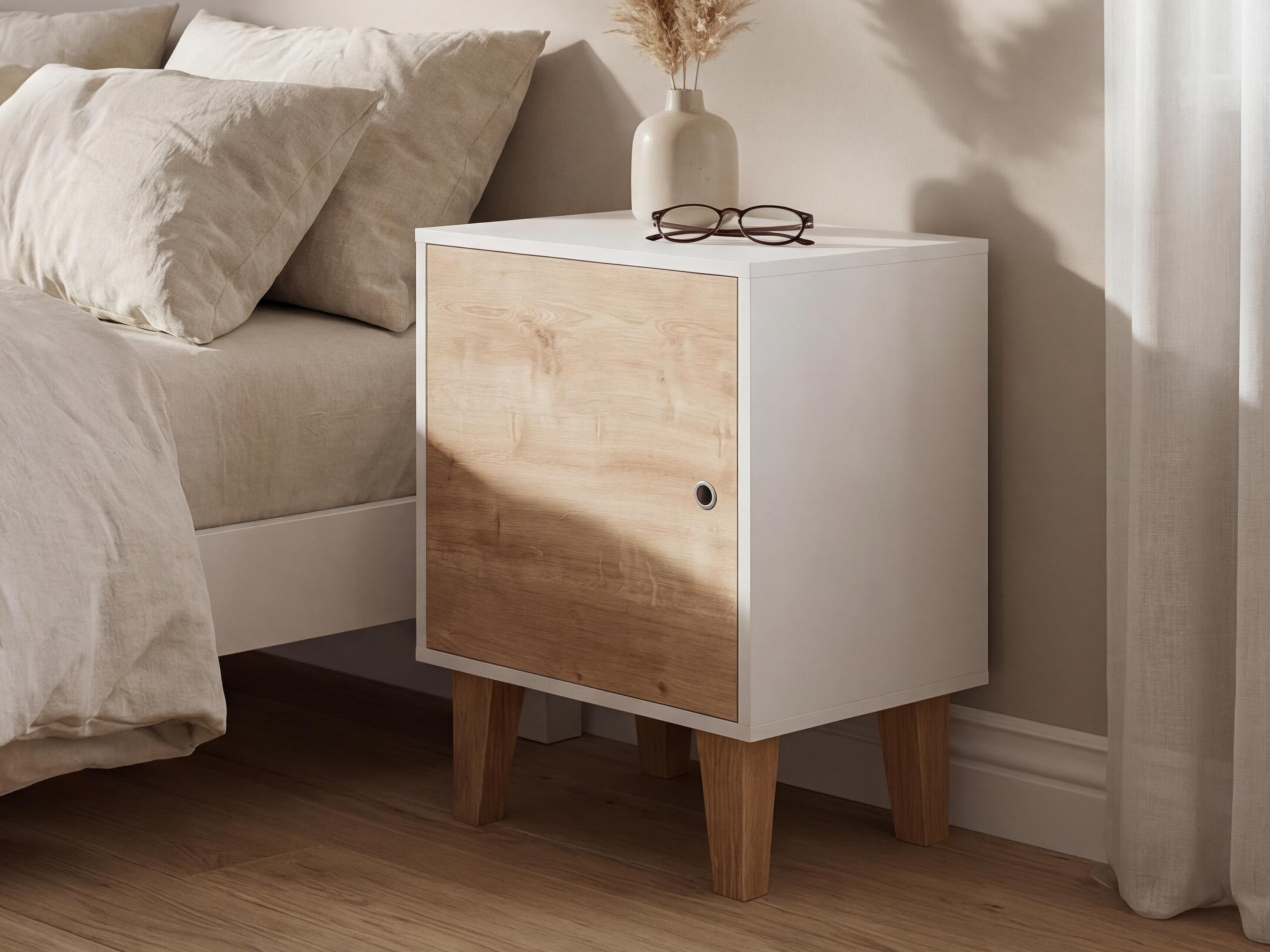 Nachttisch Domfera 105 (Weiss + Eichenholzoptik)