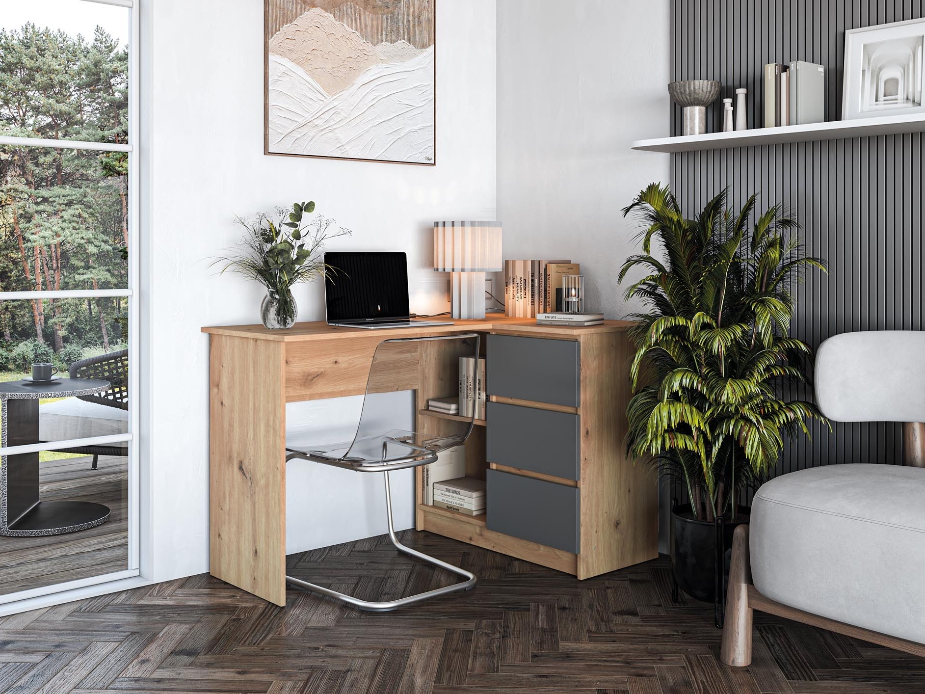 Eckschreibtisch Houston 1950 (Graphit + Artisan Eichenholzoptik)