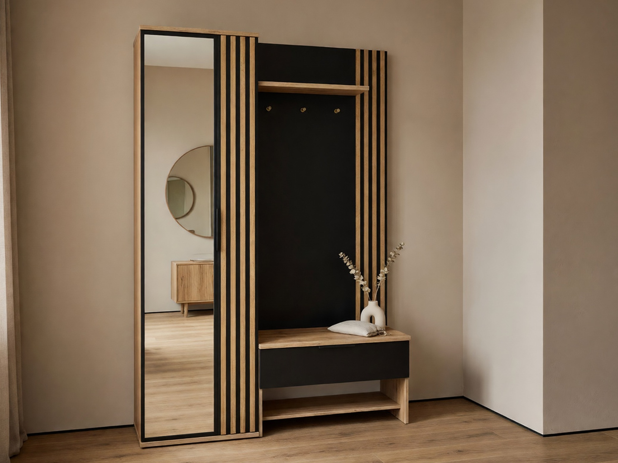 Flurgarnitur Honolulu 161 (Schwarz + Wotan Eiche)