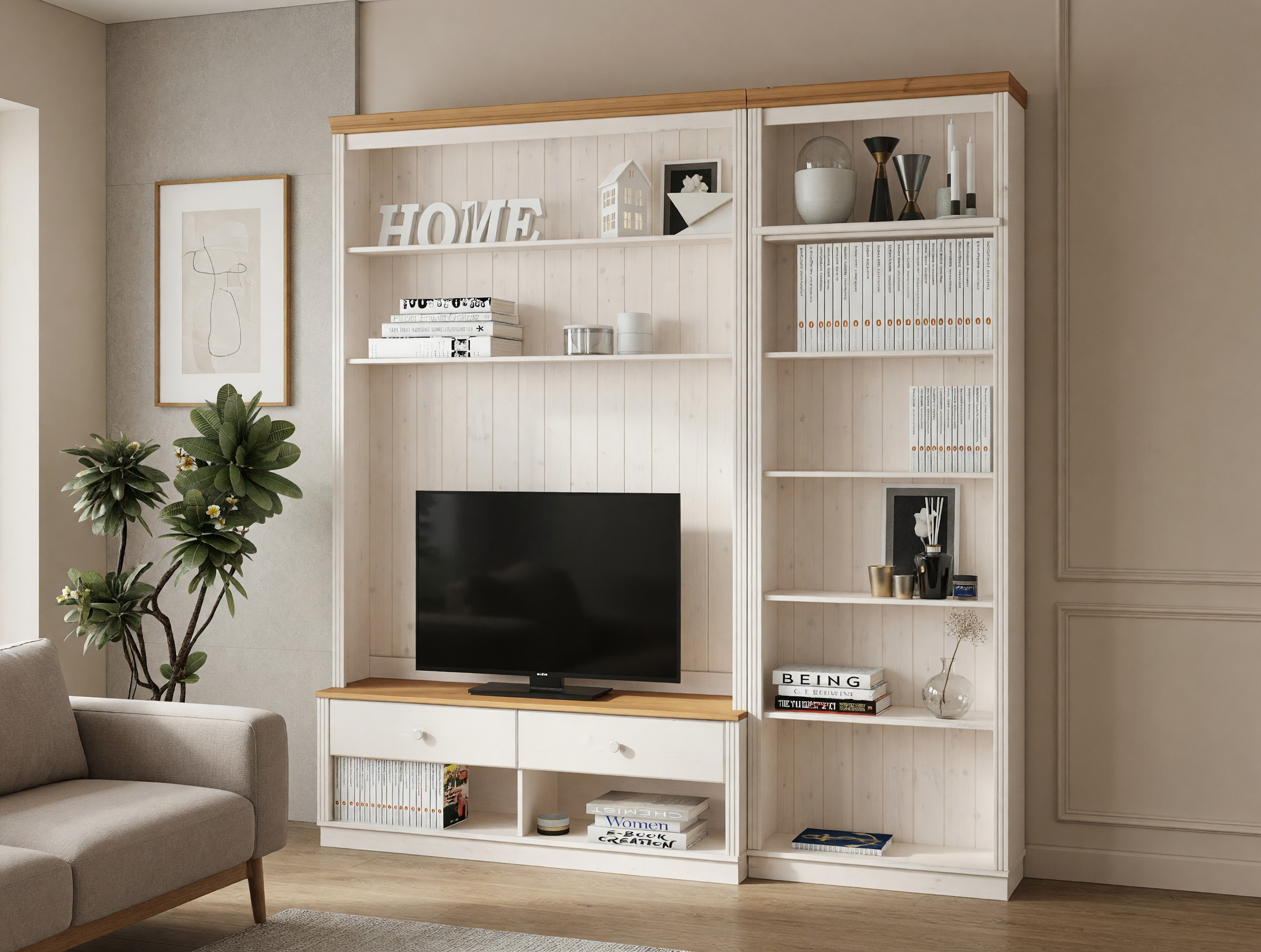 Wohnzimmer-Sets Saltoro 106 (Weiss + Eichenholzoptik Honig)