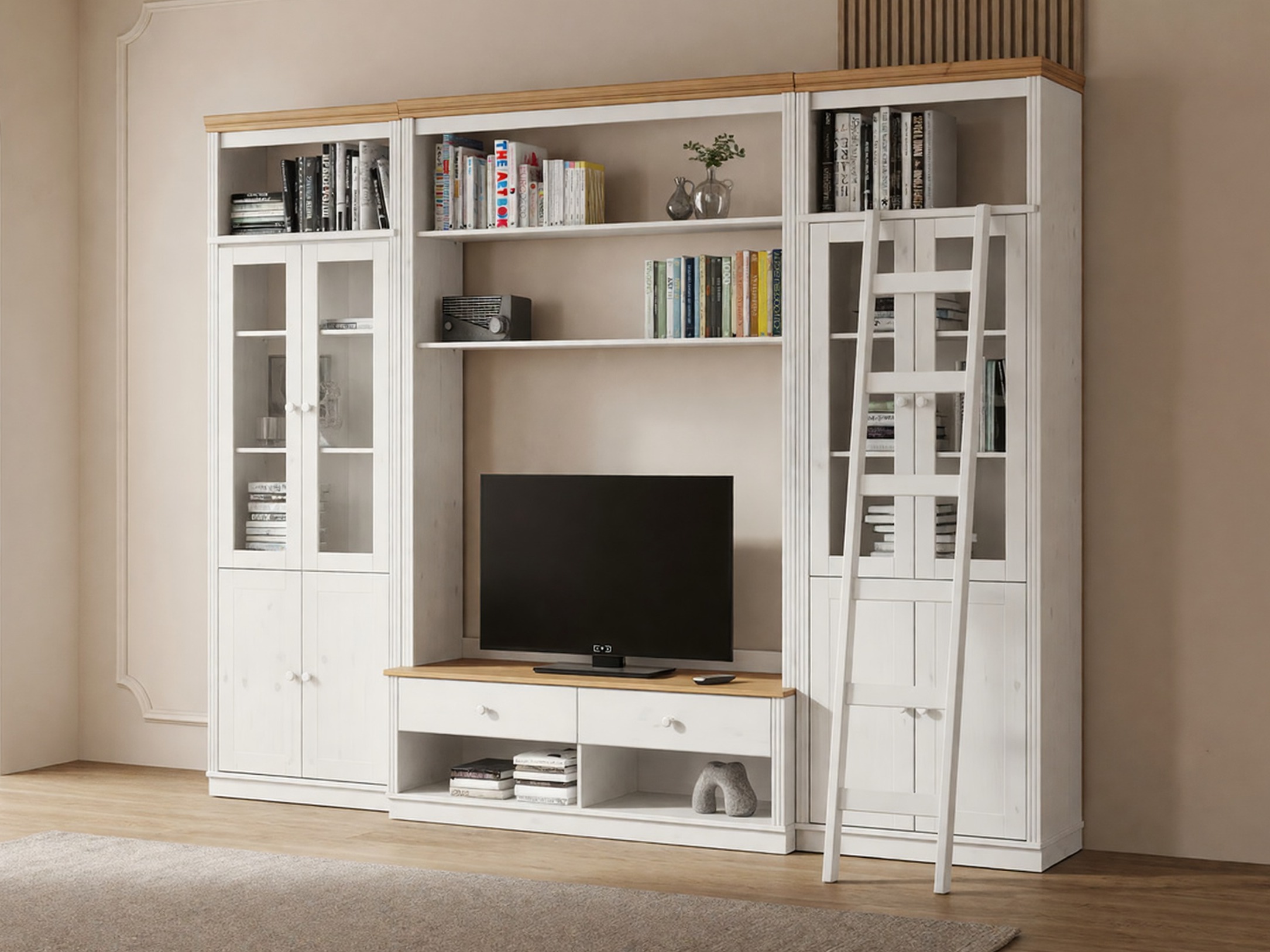 Wohnzimmer-Sets Saltoro 128 (Weiss + Eichenholzoptik Honig)