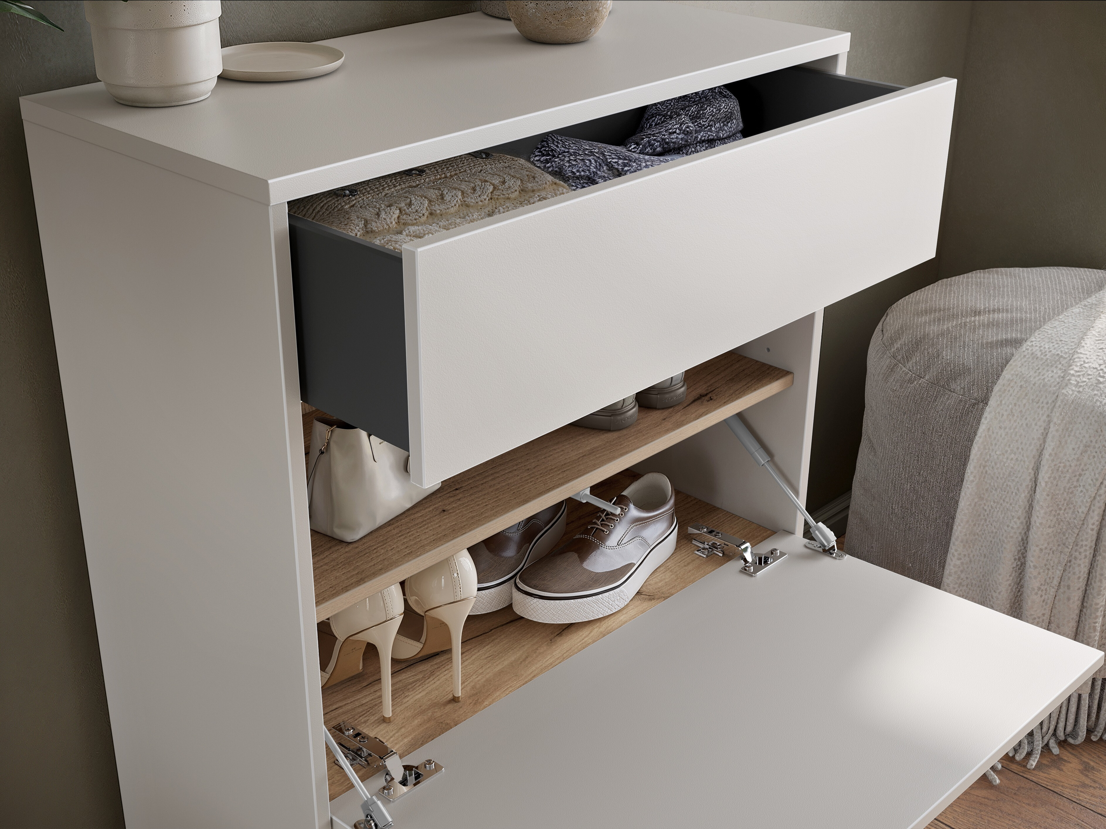 Schuhschrank Levfena 102 (Kaschmir + Navarra eichenholzoptik)