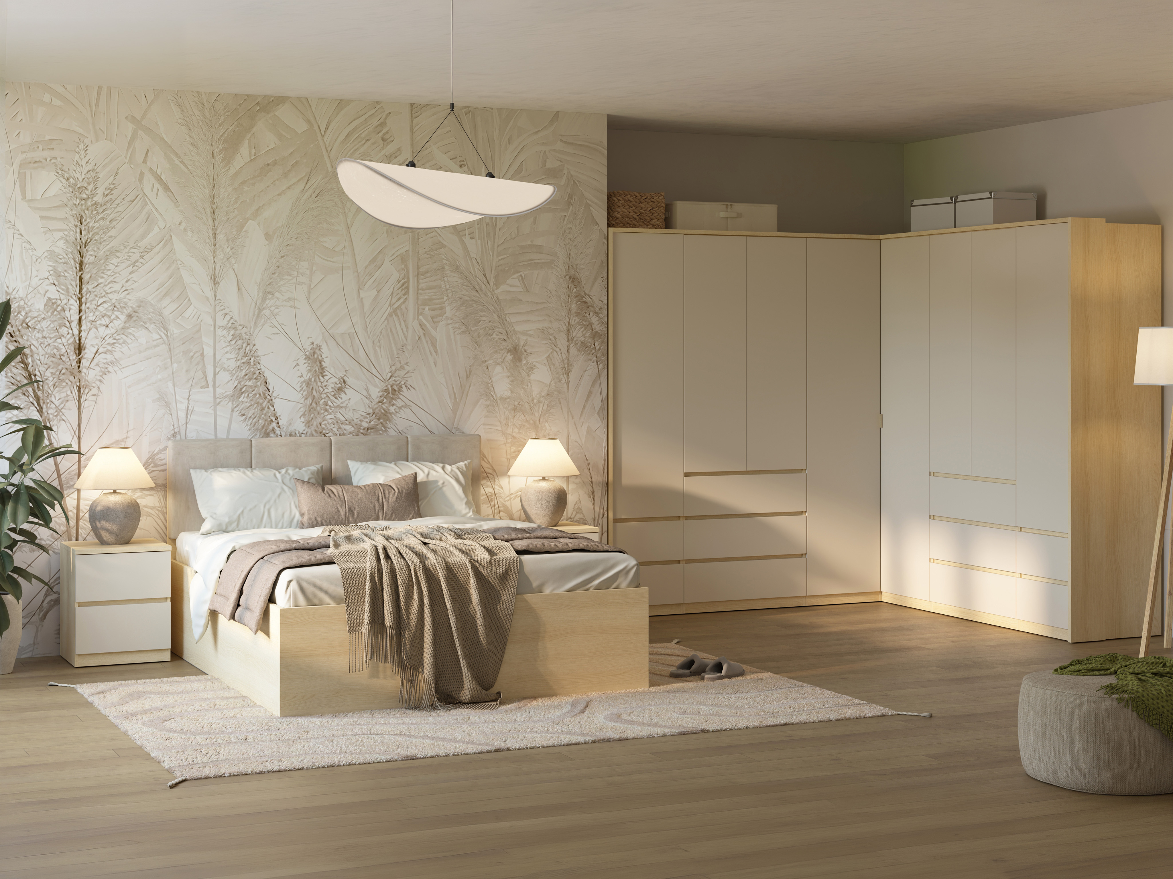 Eckkleiderschrank Nolcala 107 (Eichenholzoptik + Beige)