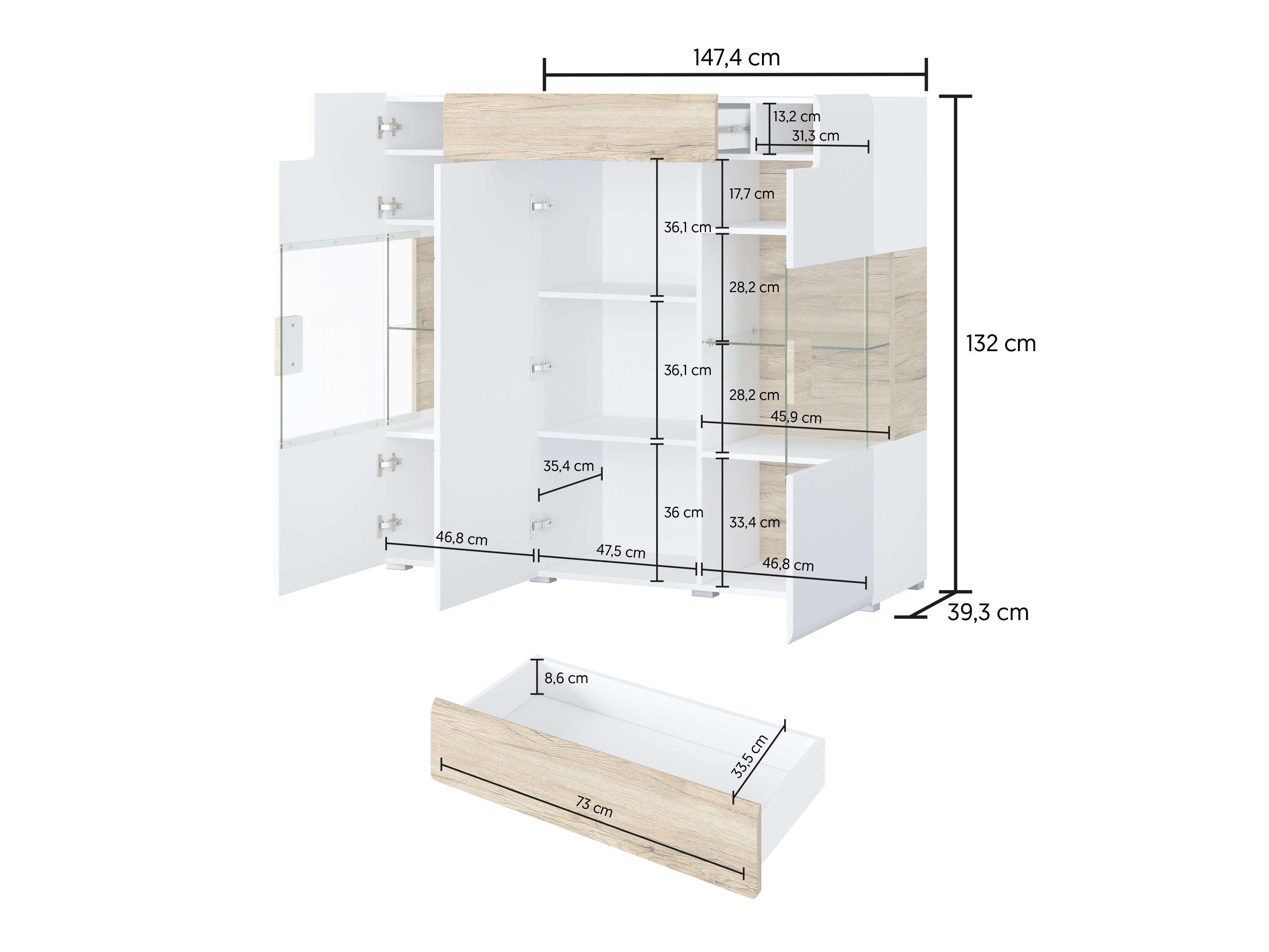 Sideboard Torsone 100 (Weiss + Weiss glänzend + San Remo Eichenholzoptik)