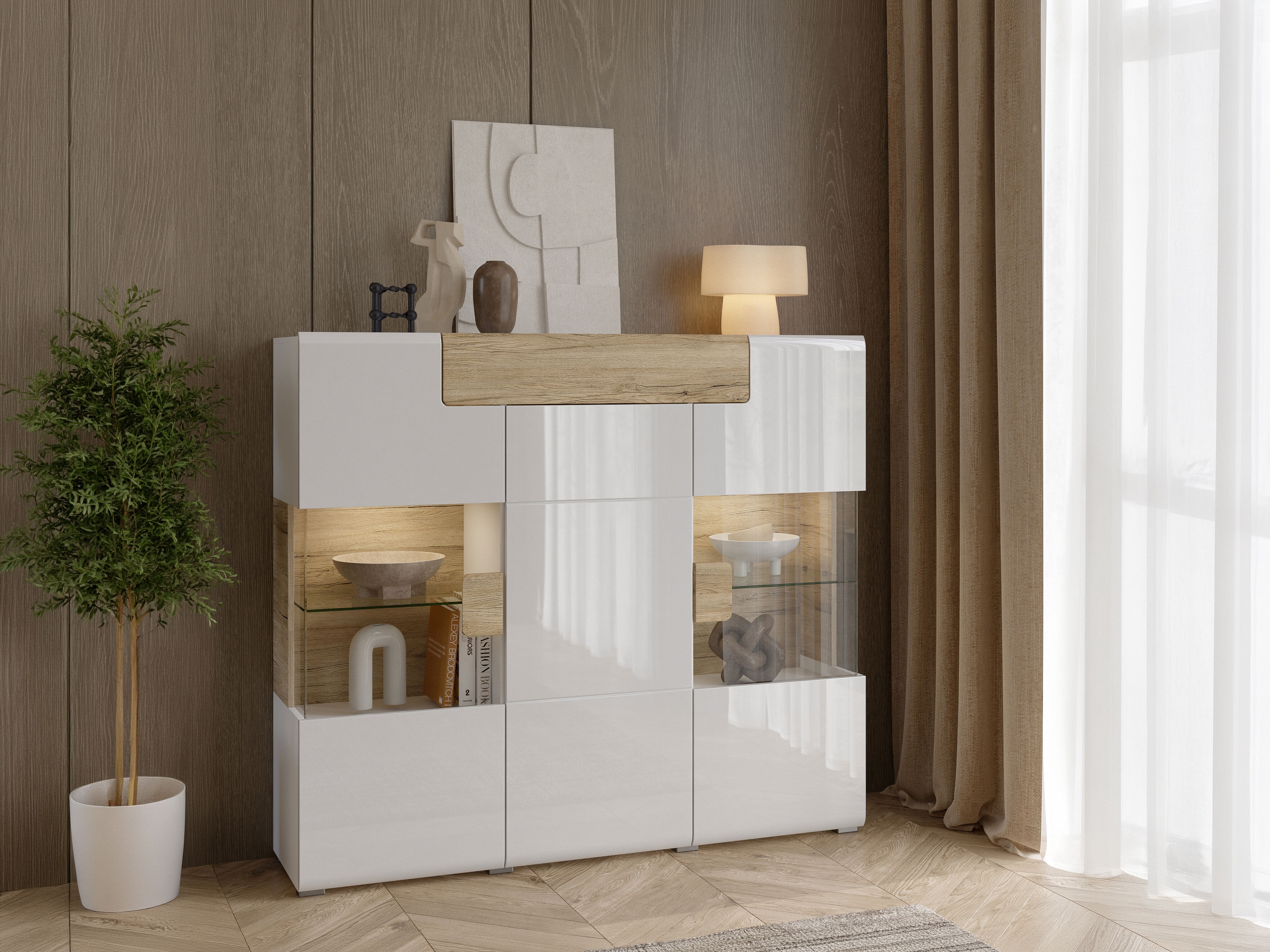 Sideboard Torsone 100 (Weiss + Weiss glänzend + San Remo Eichenholzoptik)