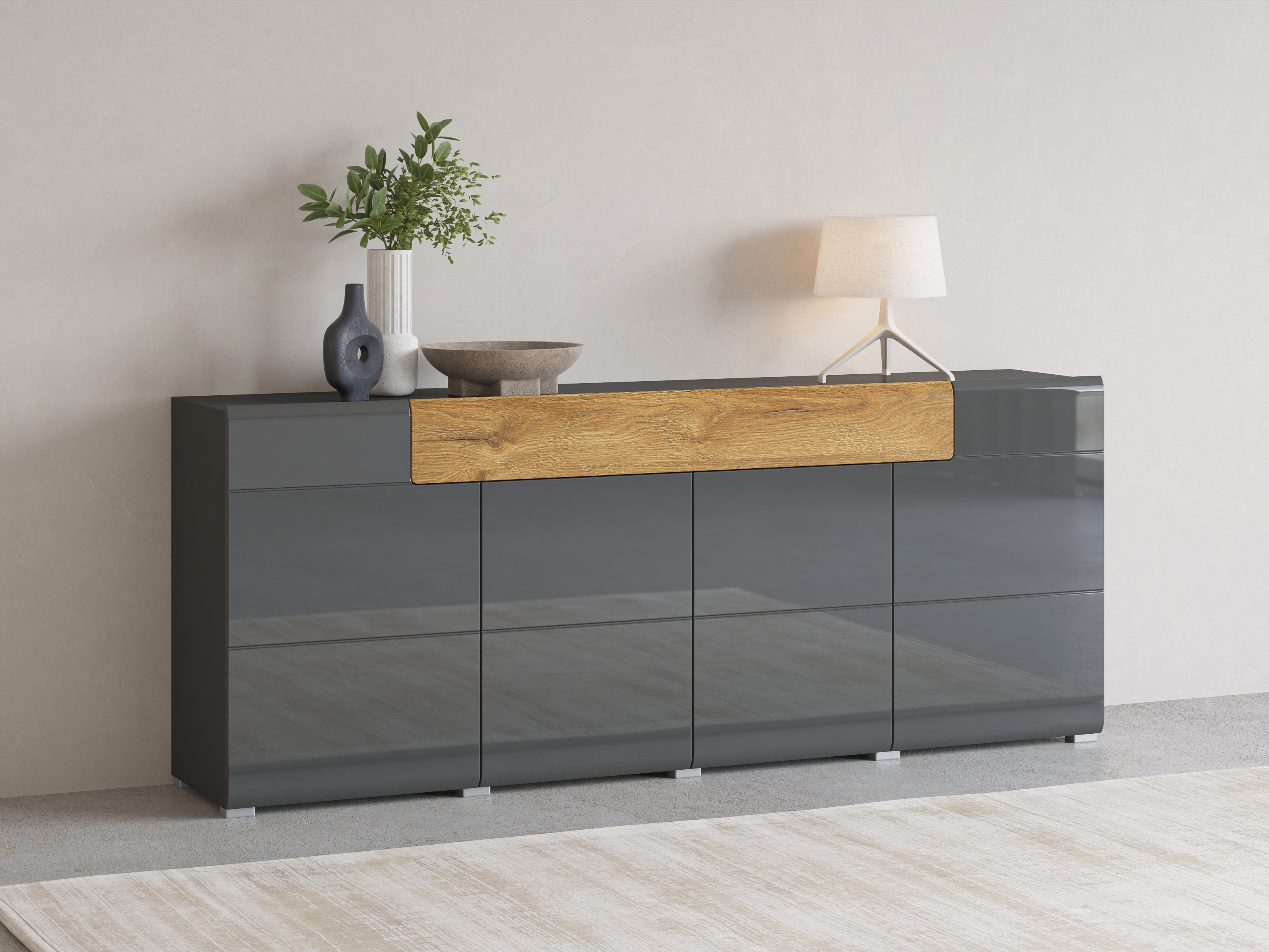 Kommode Torsone 102 (Anthrazit + Gloss anthrazit + Grandson Eichenholzoptik)