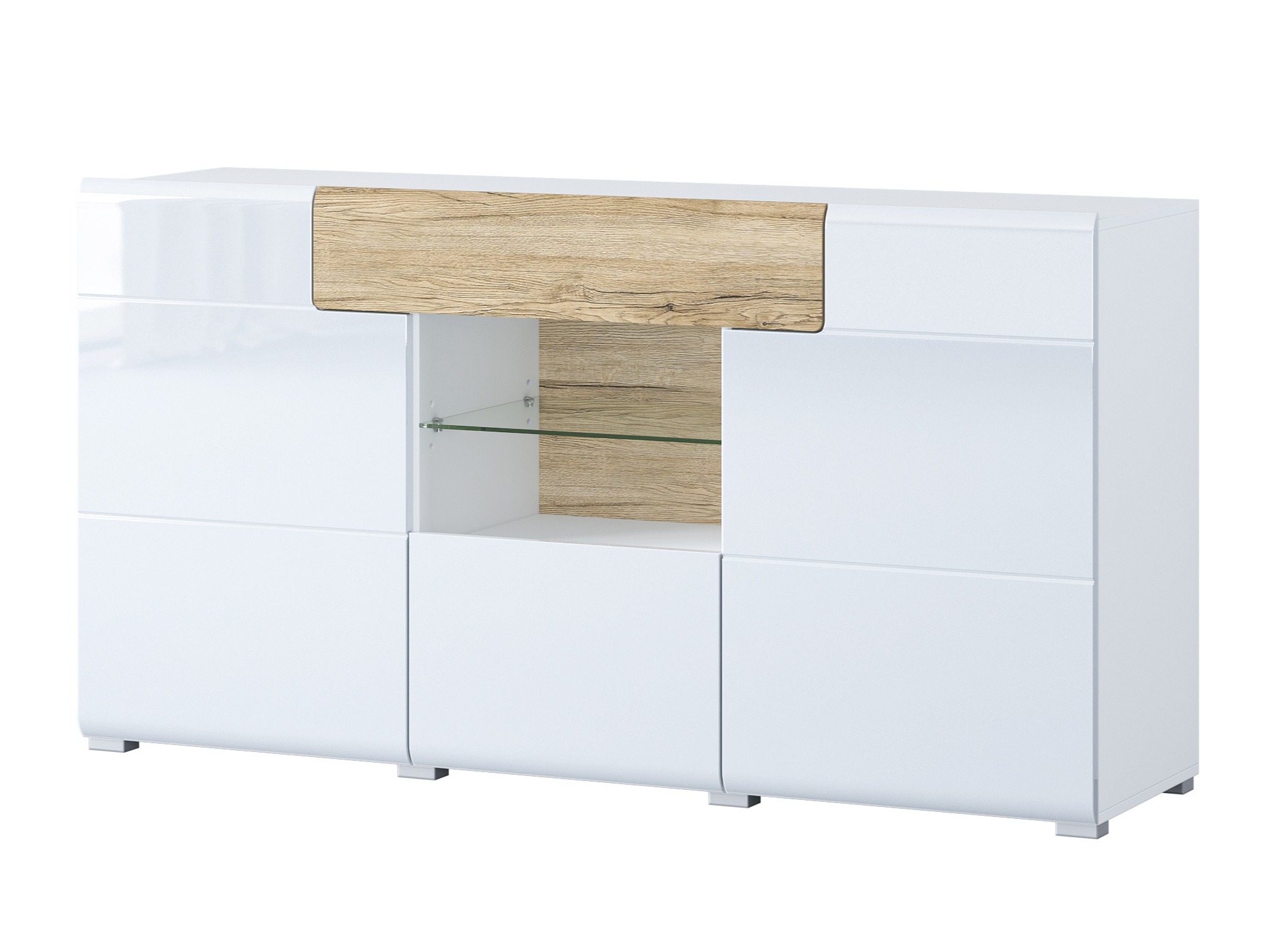 Kommode Torsone 108 (Weiss + Weiss glänzend + San Remo Eichenholzoptik)