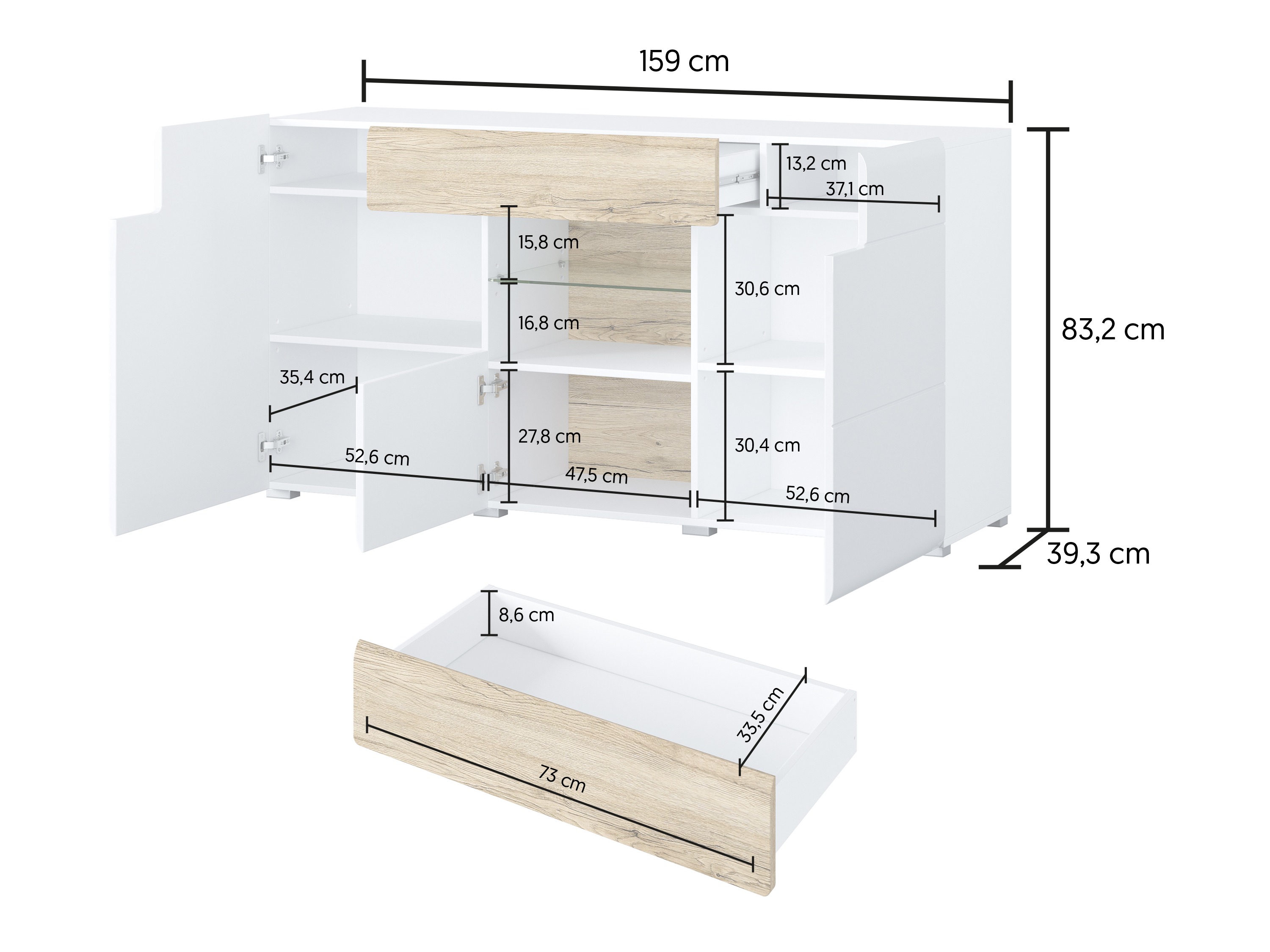 Kommode Torsone 108 (Weiss + Weiss glänzend)