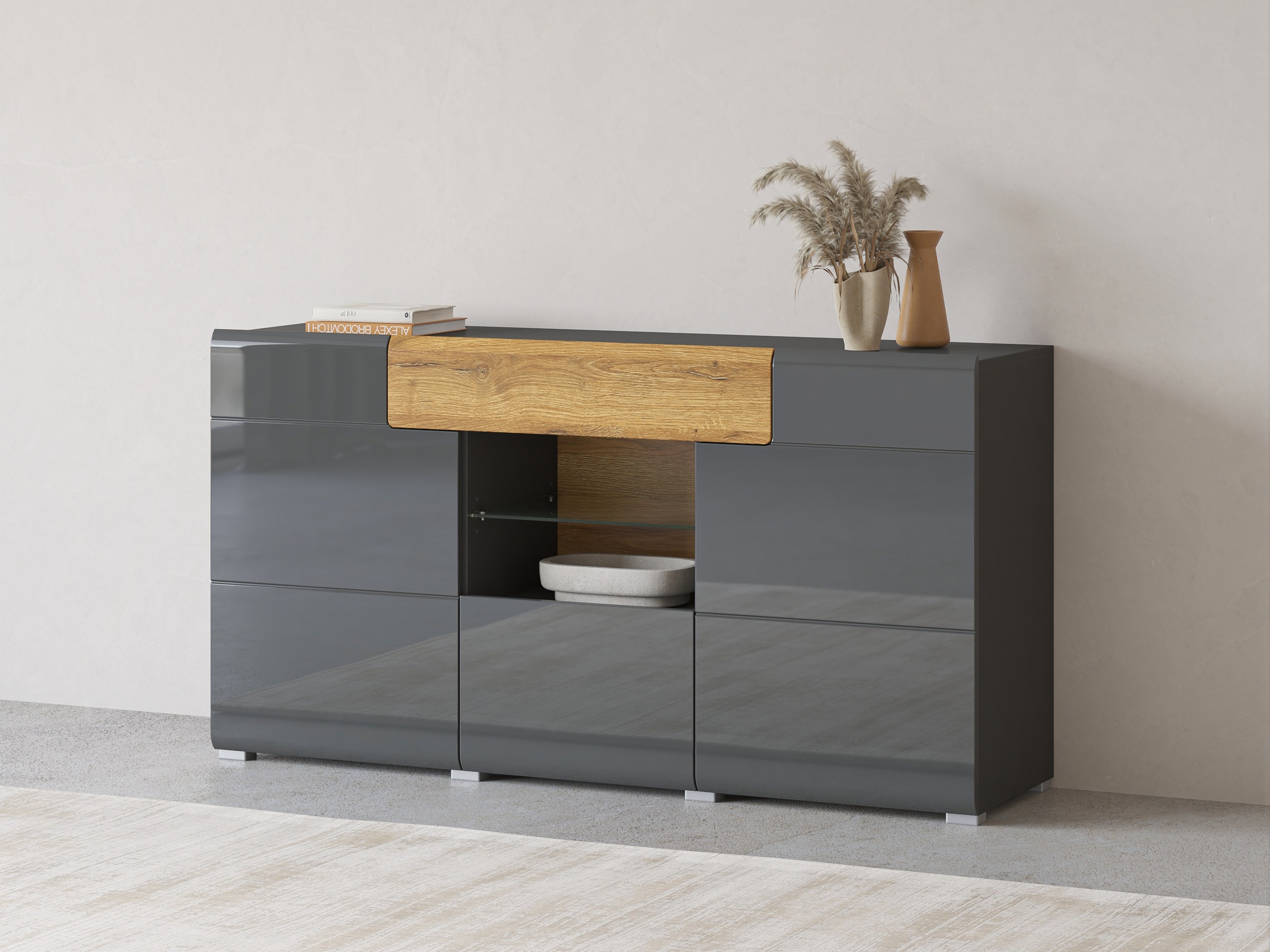 Kommoden Torsone 108 (Anthrazit + Gloss anthrazit + Grandson Eichenholzoptik)