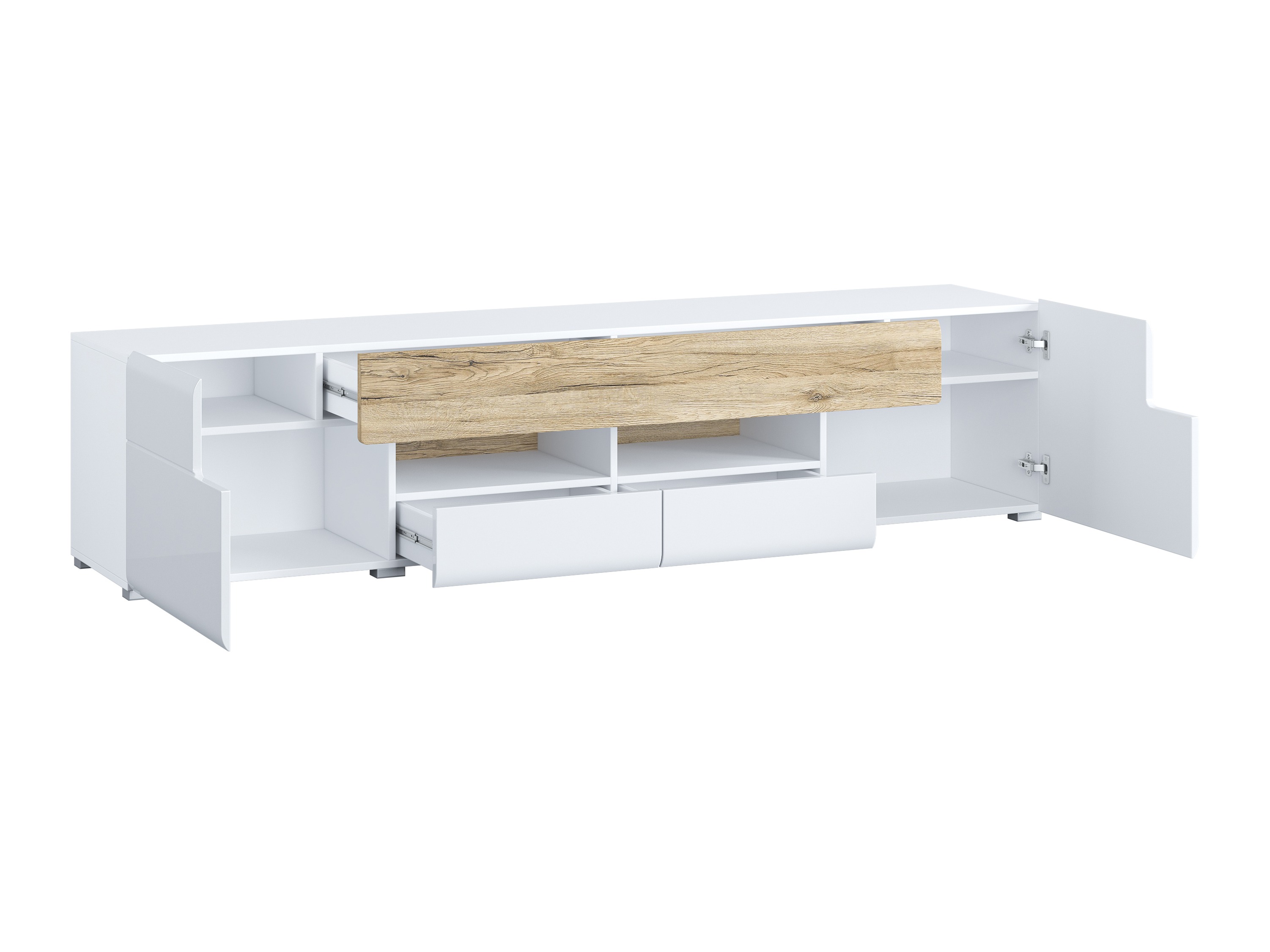 TV-Möbel Torsone 113 (Weiss + Weiss glänzend + San Remo Eichenholzoptik)
