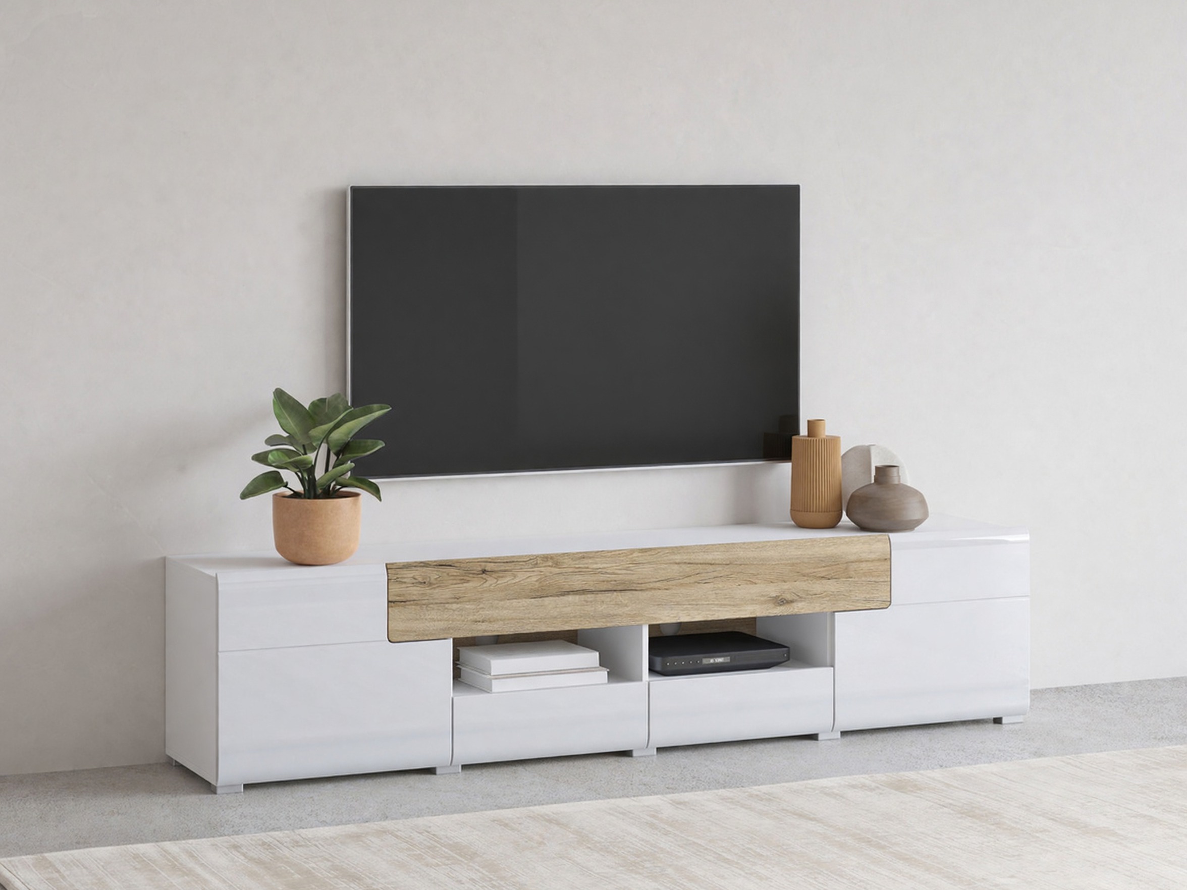 TV-Möbel Torsone 113 (Weiss + Weiss glänzend + San Remo Eichenholzoptik)