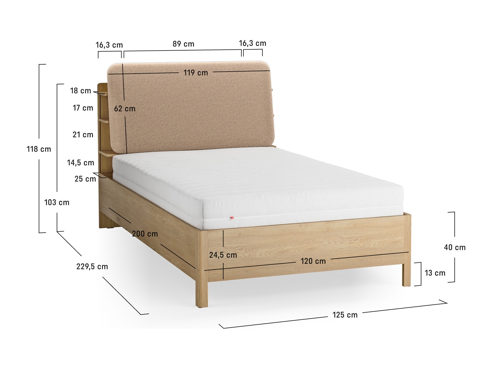 Bett Ruvcamu 108 (Eichenholzoptik + Ecru weiss)