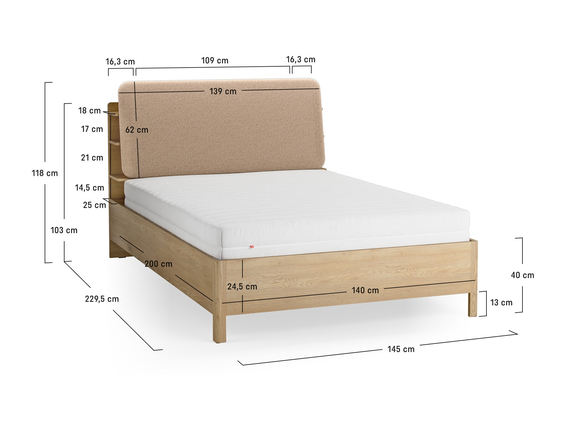 Bett Ruvcamu 108 (Eichenholzoptik + Ecru weiss)