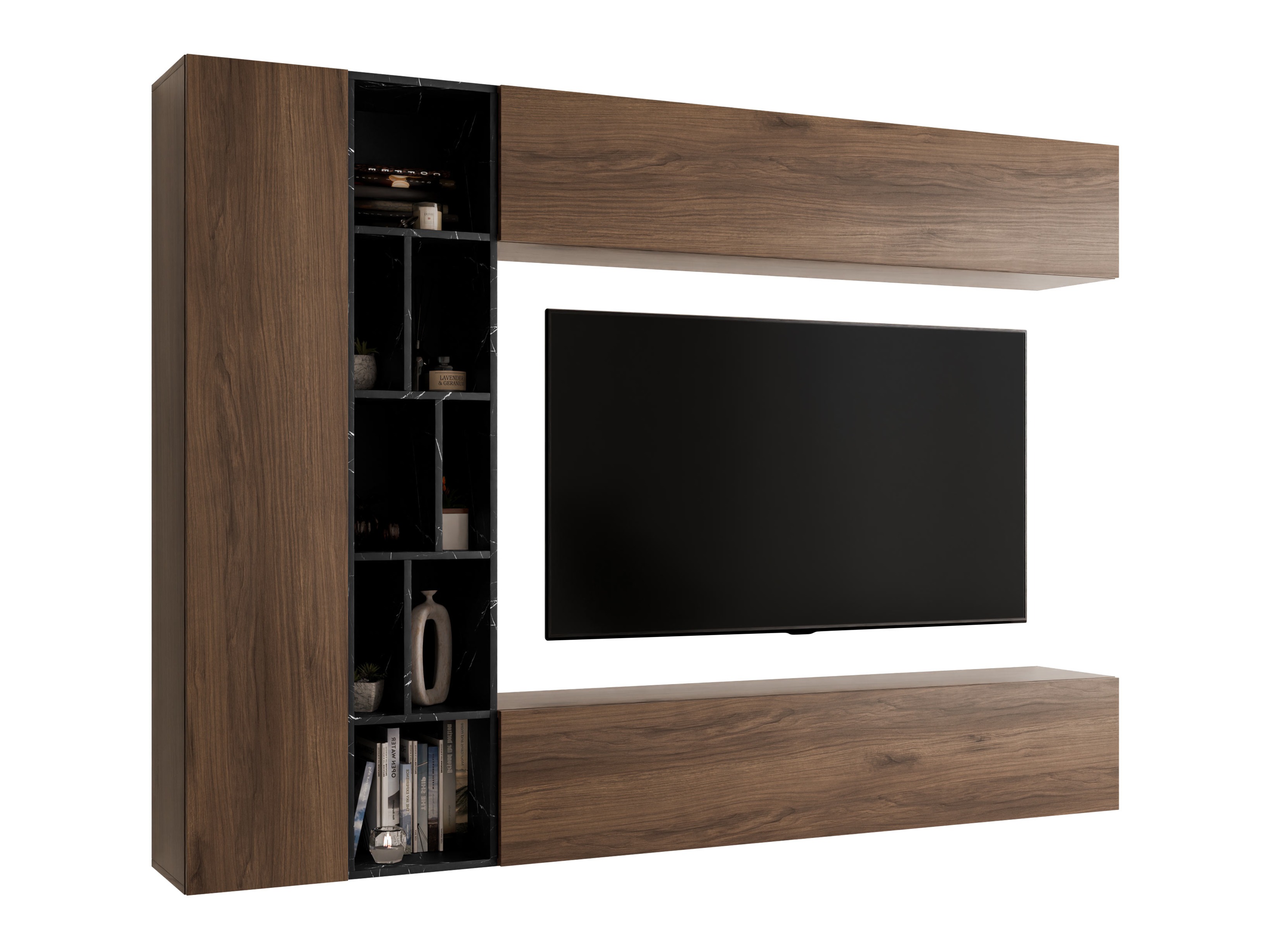 Wohnzimmer-Set Comfivo Natura (Walnussholzoptik + Schwarzer Marmor)