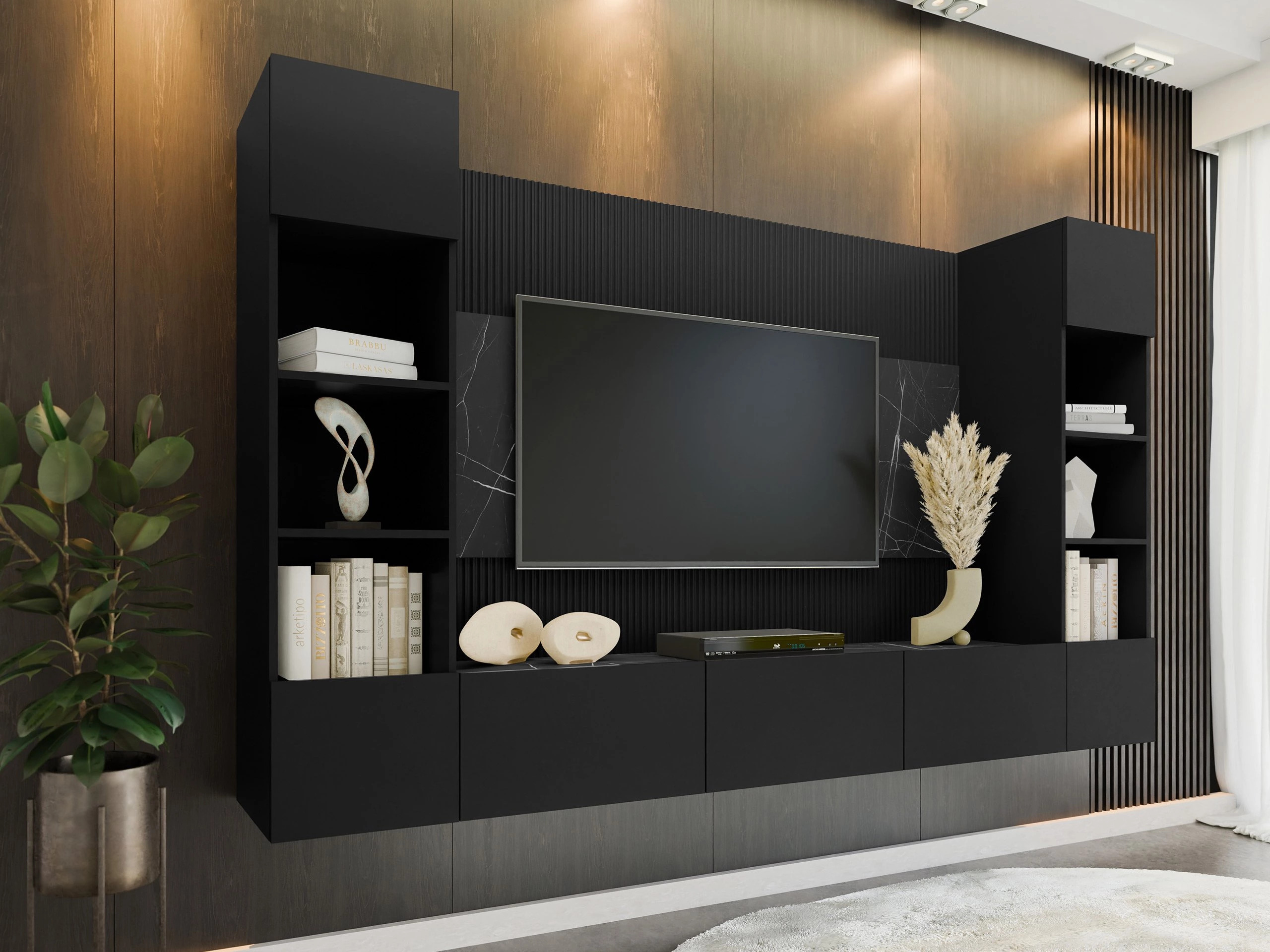 Wohnzimmer-Set Comfivo Salix I (Schwarz + Schwarzer Marmor)
