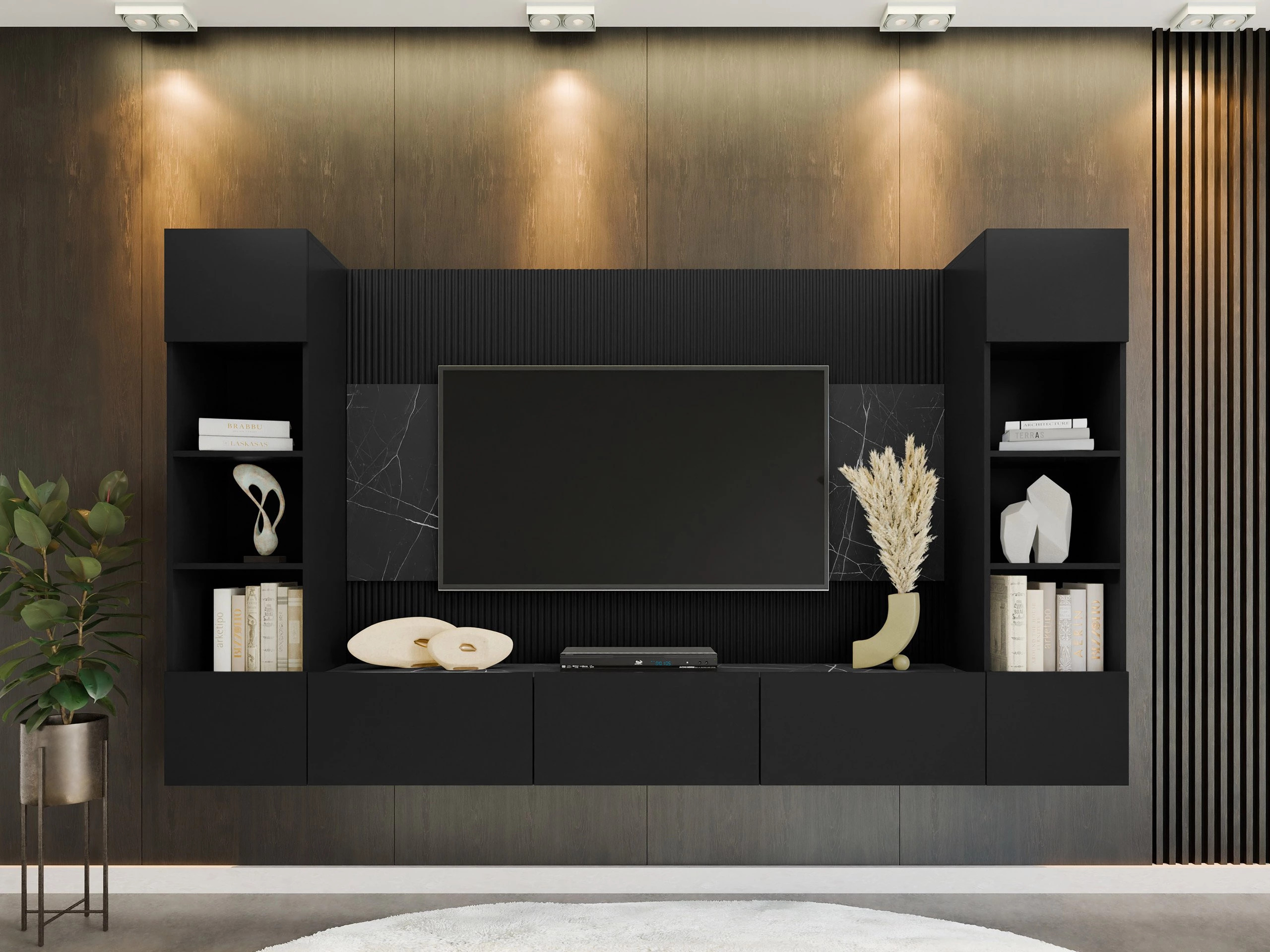 Wohnzimmer-Set Comfivo Salix I (Schwarz + Schwarzer Marmor)