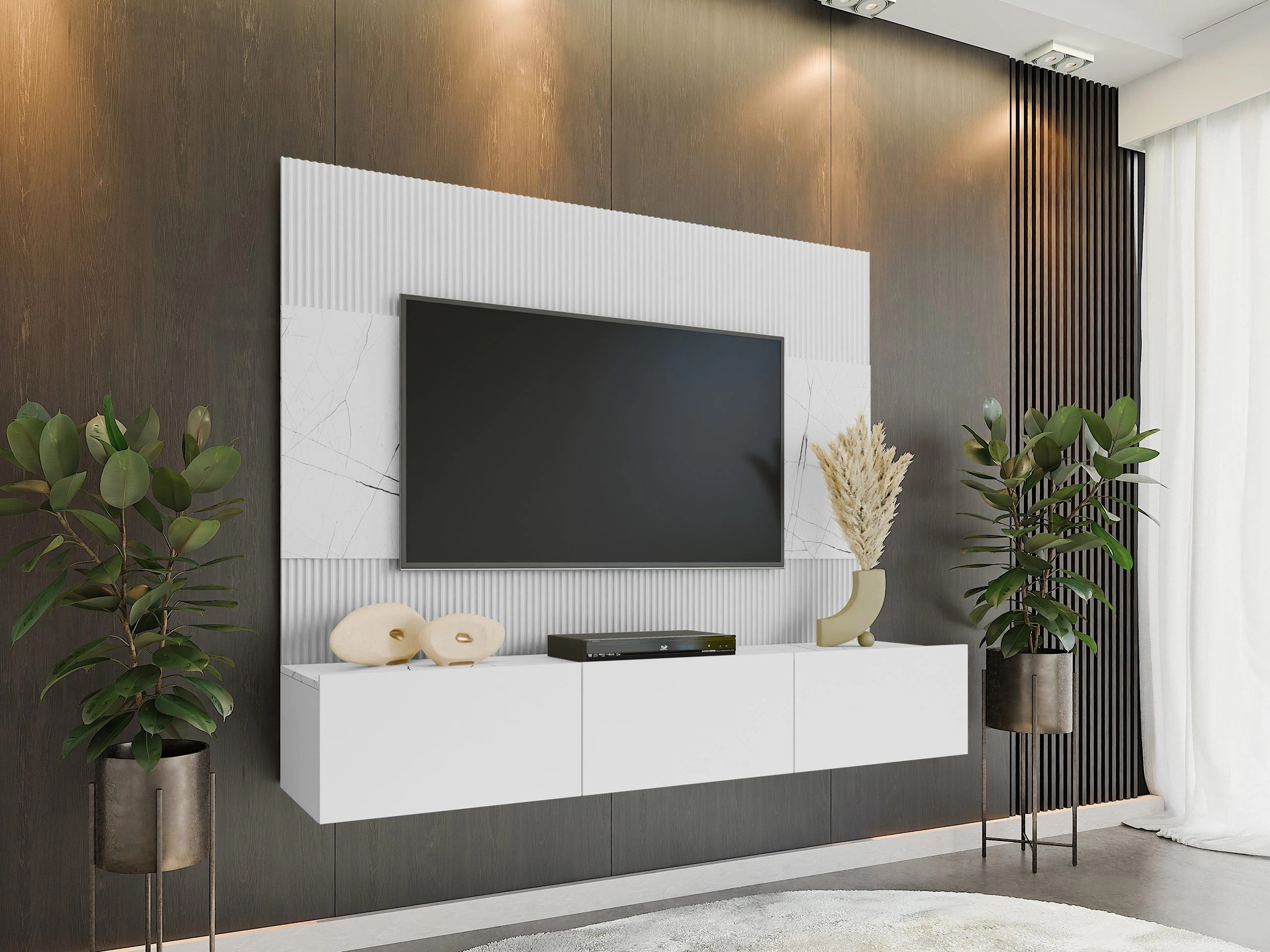 Wohnzimmer-Set Comfivo Salix (Weiss + Weisser Marmor)