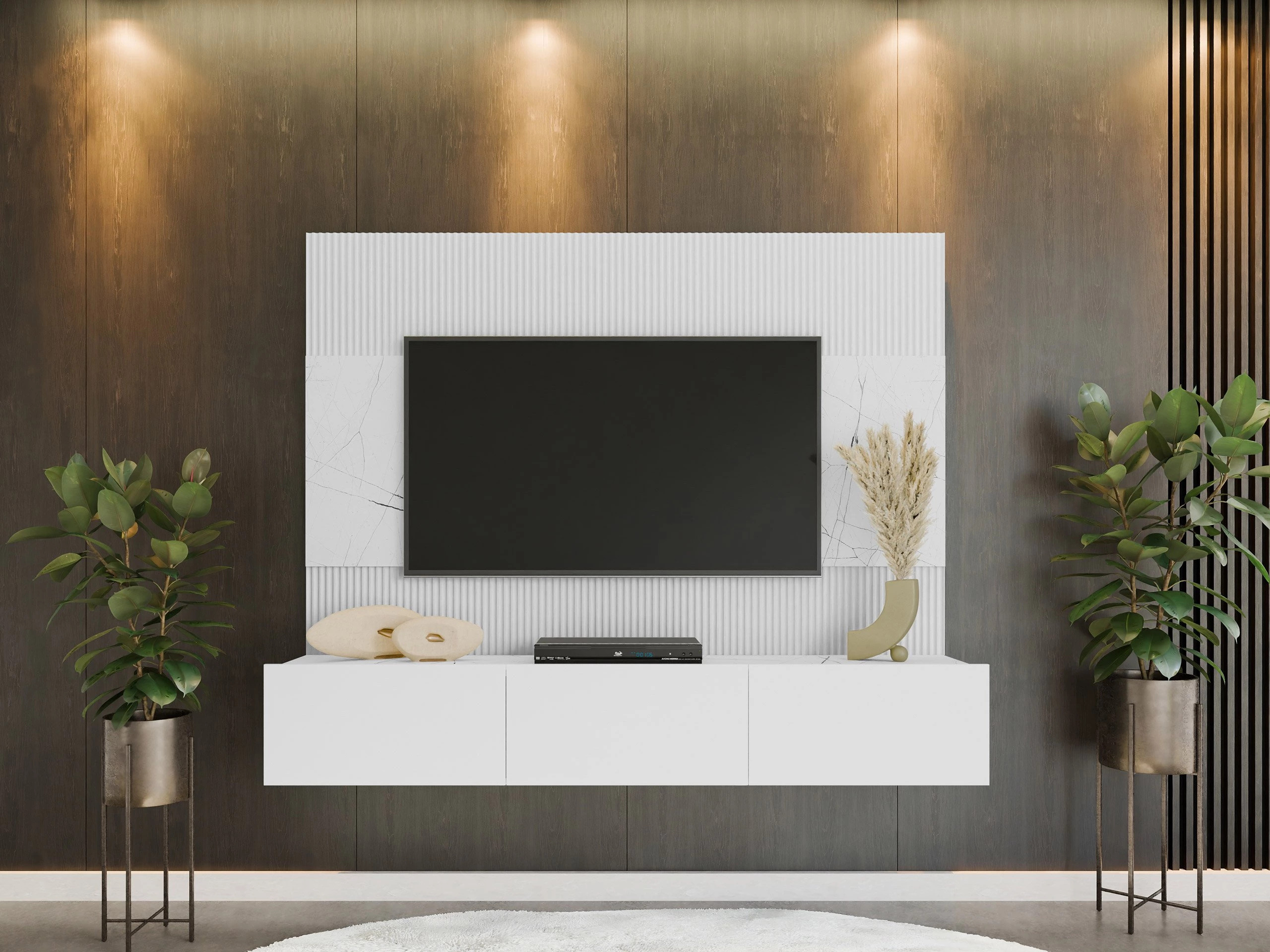 Wohnzimmer-Set Comfivo Salix (Weiss + Weisser Marmor)