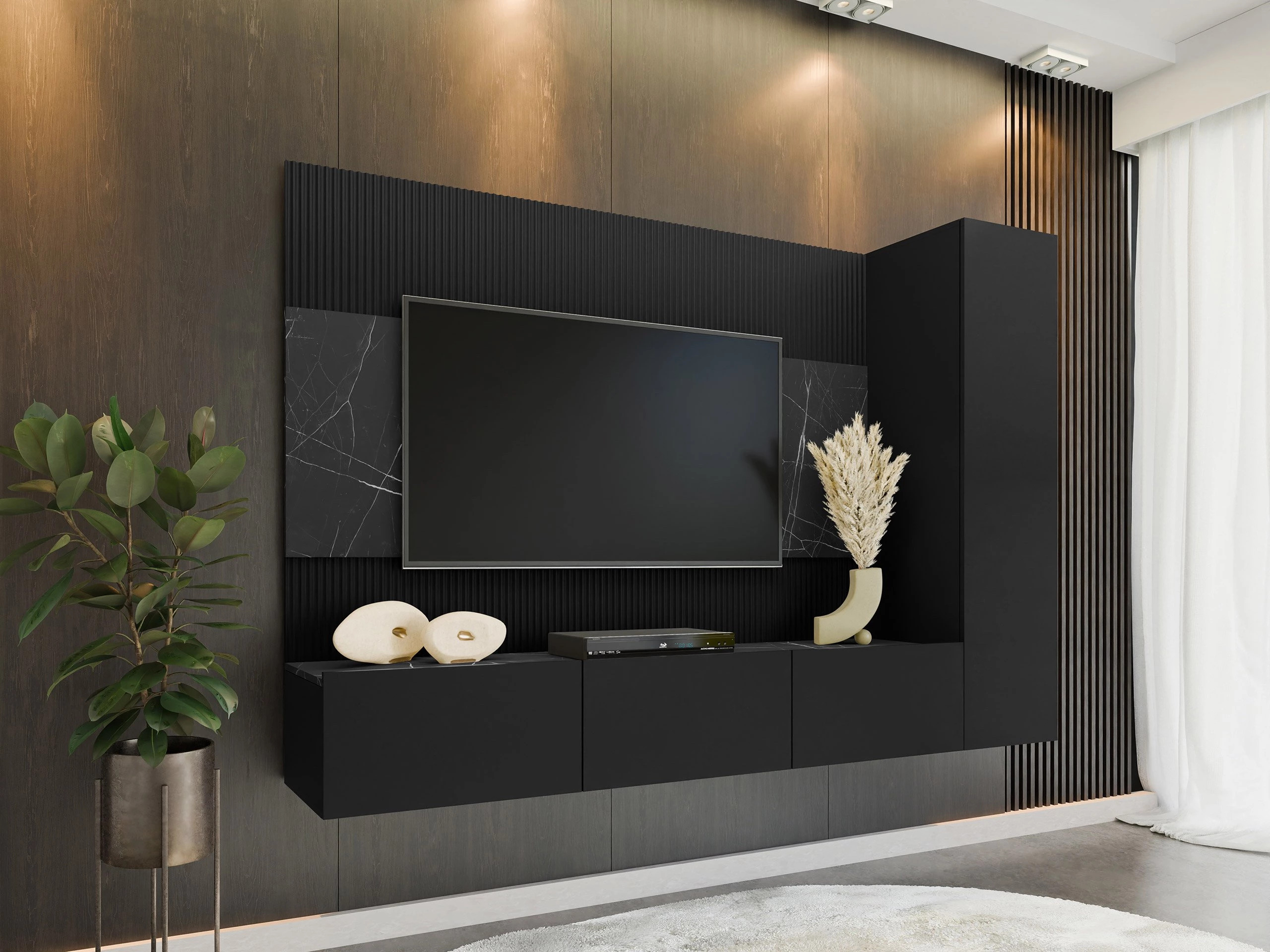 Wohnzimmer-Sets Comfivo Salix VI (Schwarz + Schwarzer Marmor)