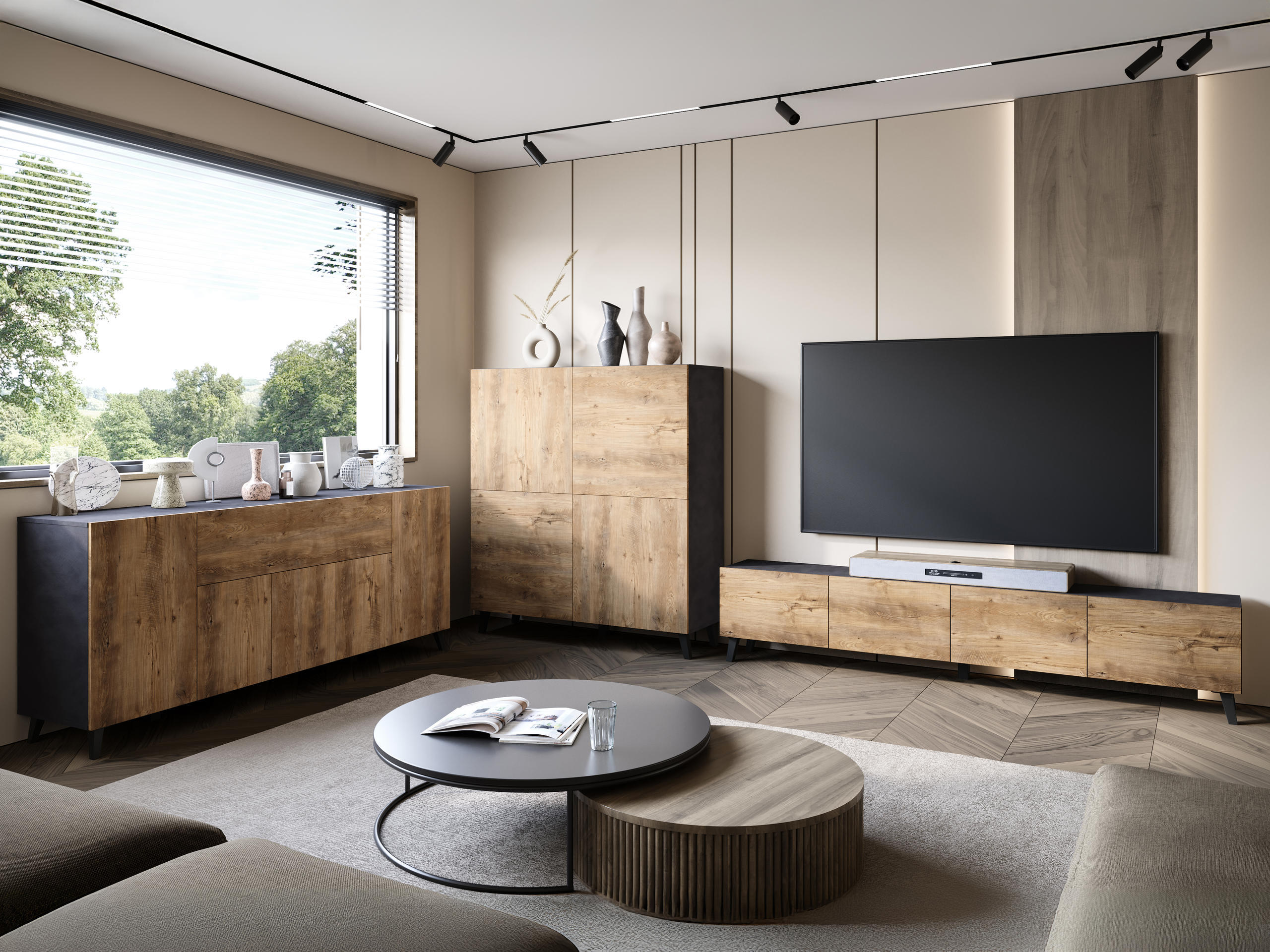 TV-Möbel Levtive 101 (Matera grau + Kastanienholzoptik)