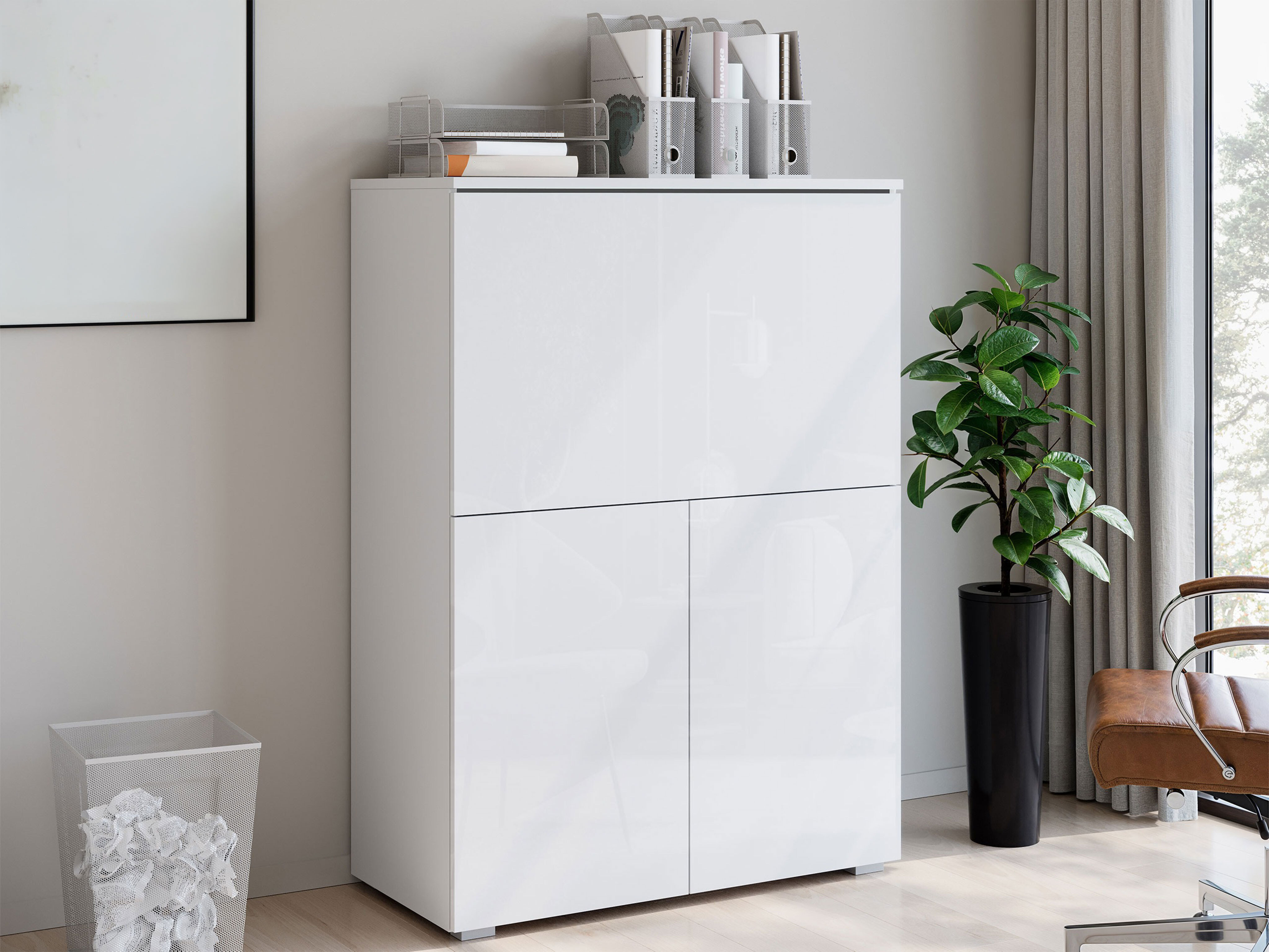 Sideboard Mirfivo 107 (Weiss + Weiss glänzend)
