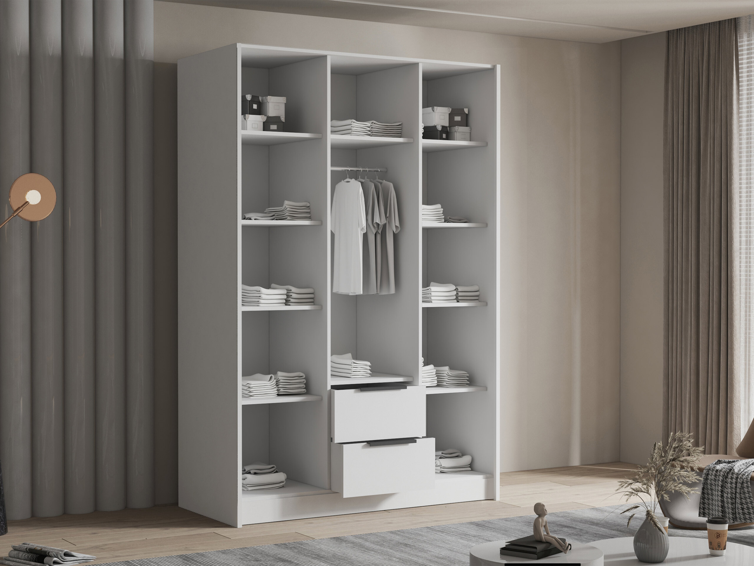 Kleiderschrank Closico Calvron II (Weiss + Weiss glänzend)