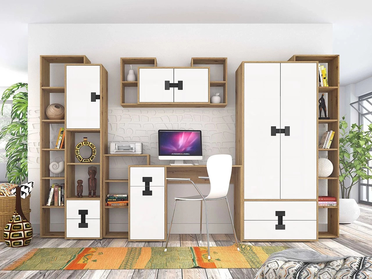 Büro-Set Florevi 104 (Matt weiss + Artisan Eichenholzoptik)