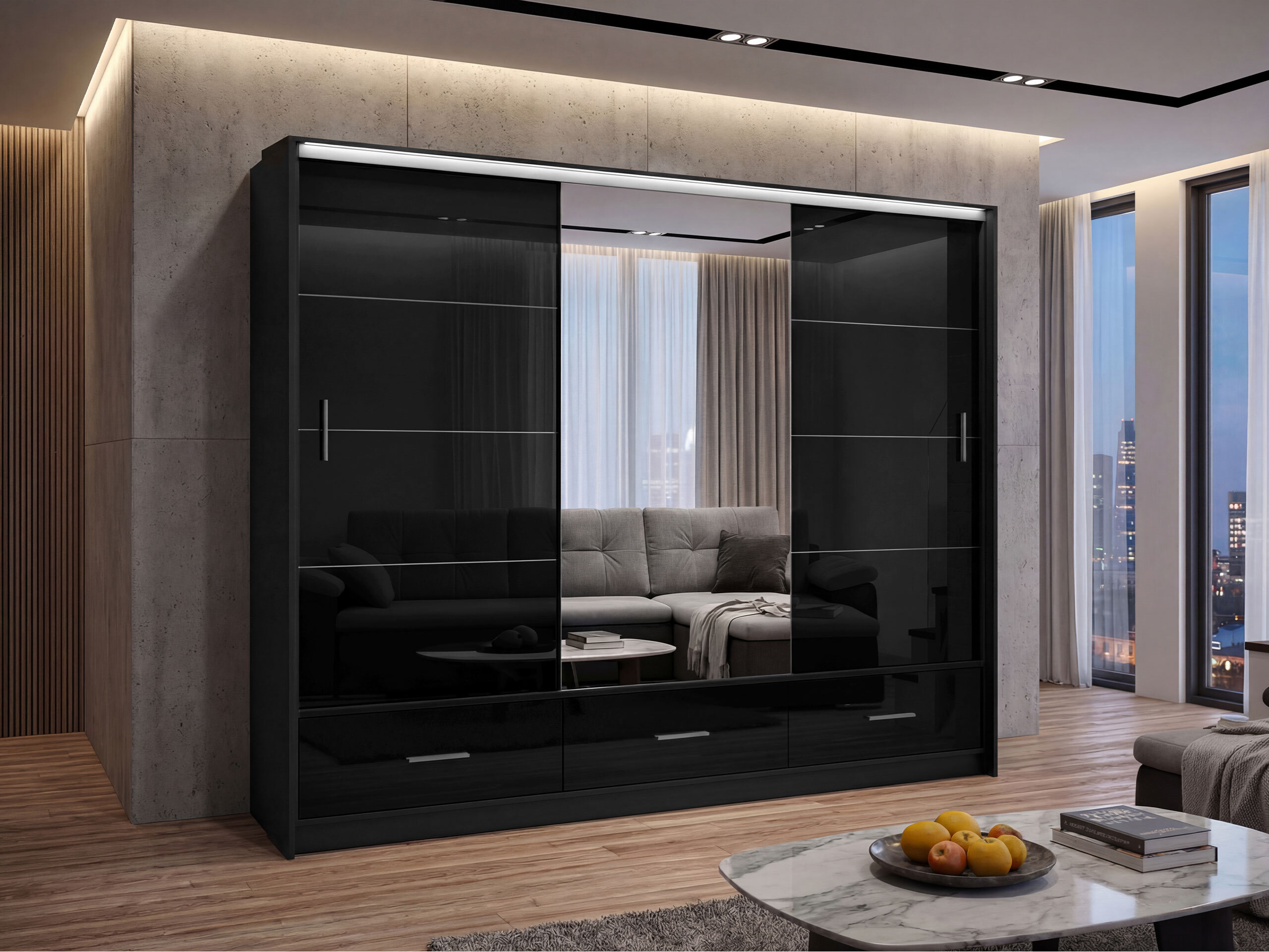 Kleiderschrank Honolulu 203 (Schwarz + Schwarz glänzend)