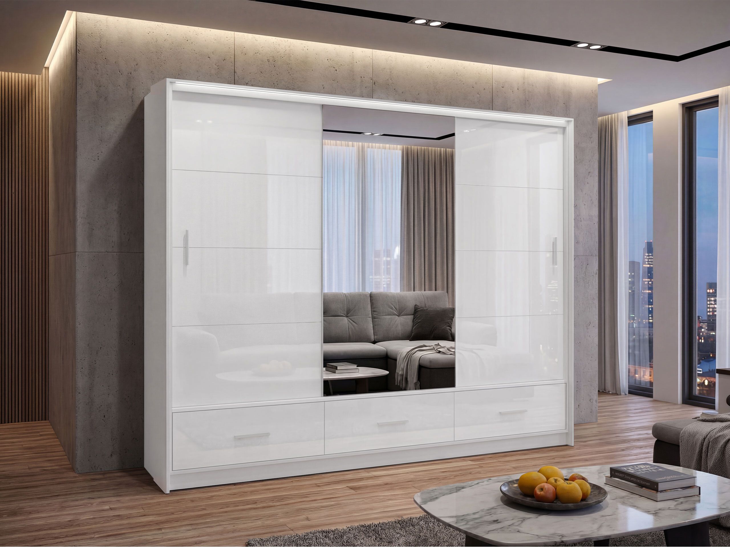 Kleiderschrank Honolulu 203 (Weiss + Weiss glänzend)
