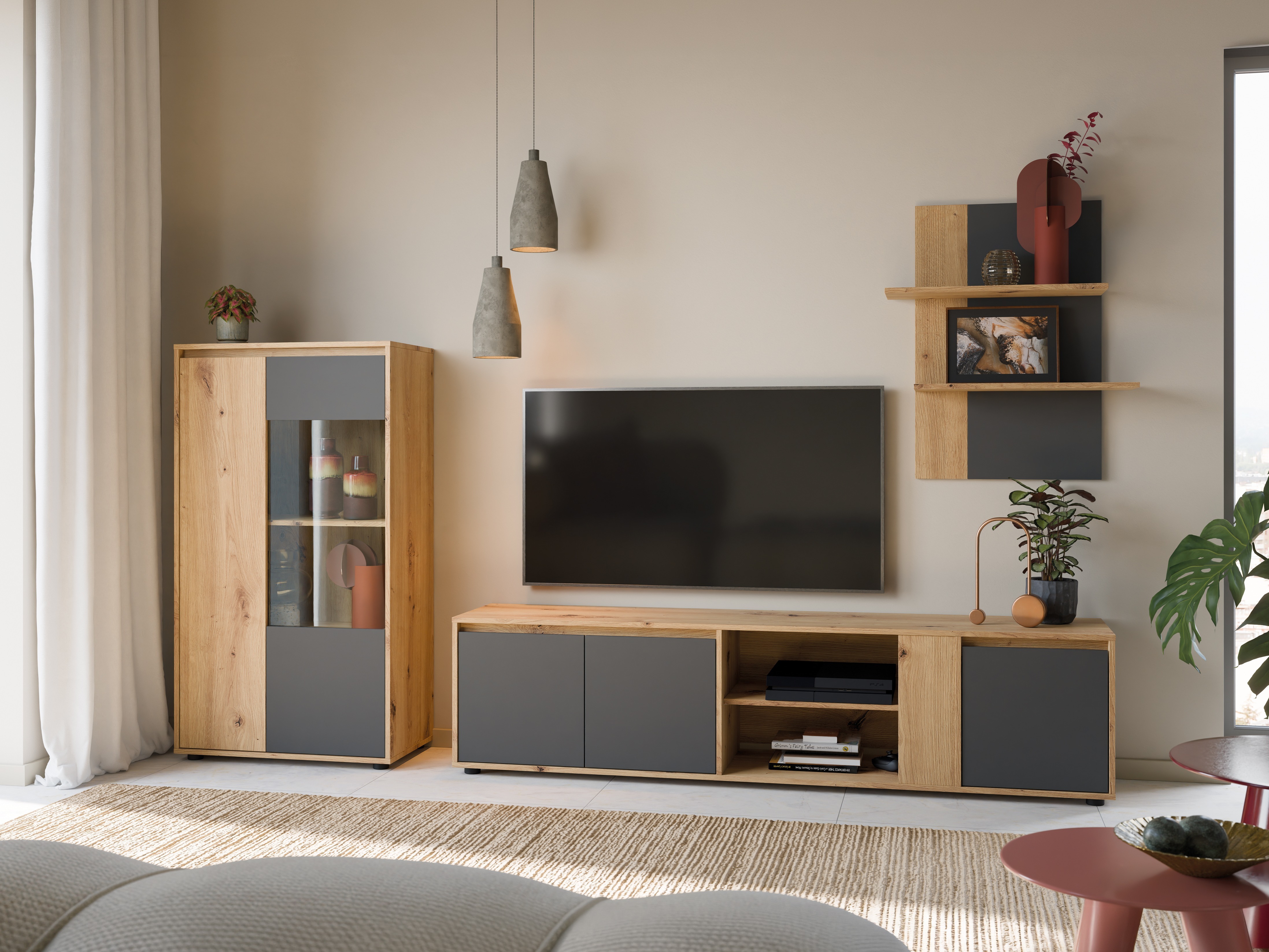 Wohnzimmer-Sets Ontario 226 (Anthrazit + Artisan Eichenholzoptik)