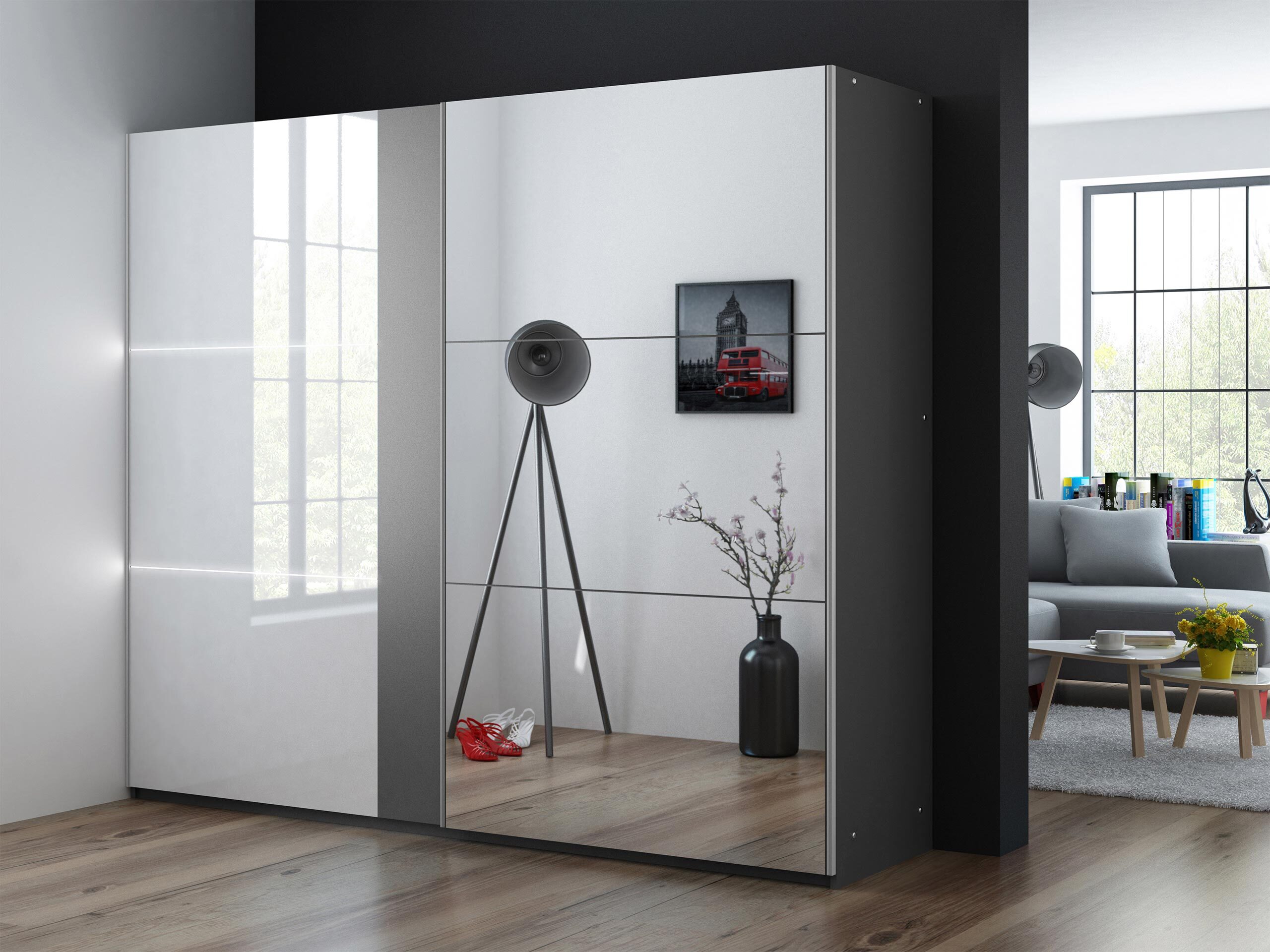 Kleiderschrank Honolulu 122 (Graphit + Weiss glänzend)