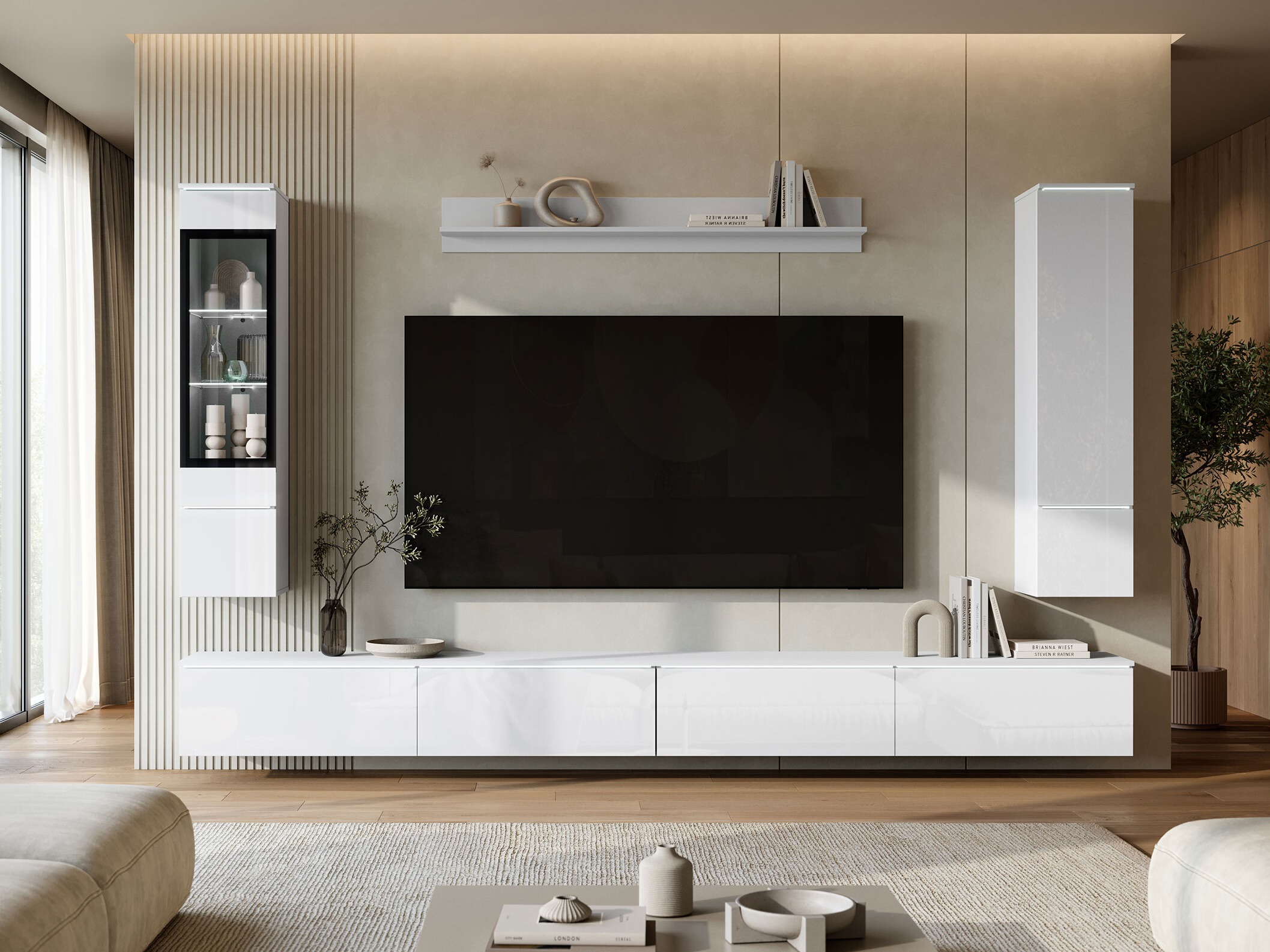 Wohnzimmer-Sets Mirfivo 110 (Weiss + Weiss glänzend)