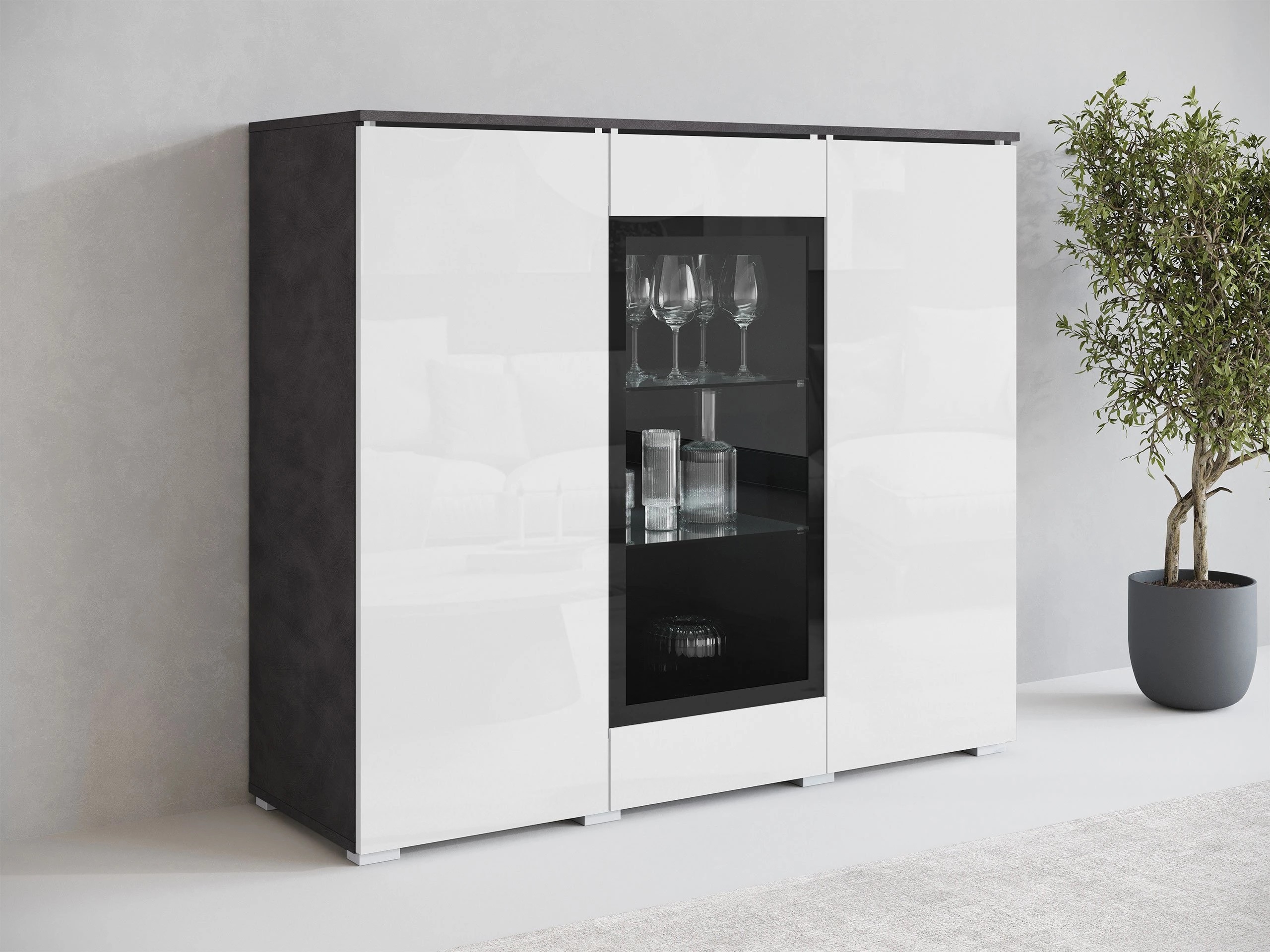 Sideboard Mirfivo 103 (Matera grau + Weiss glänzend)