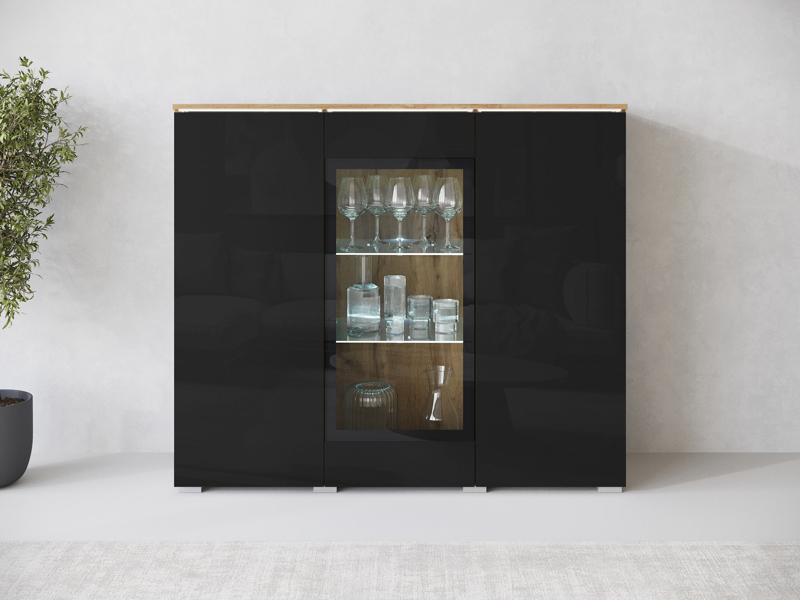Sideboard Mirfivo 103 (Wotan-Eiche + Schwarz glänzend)