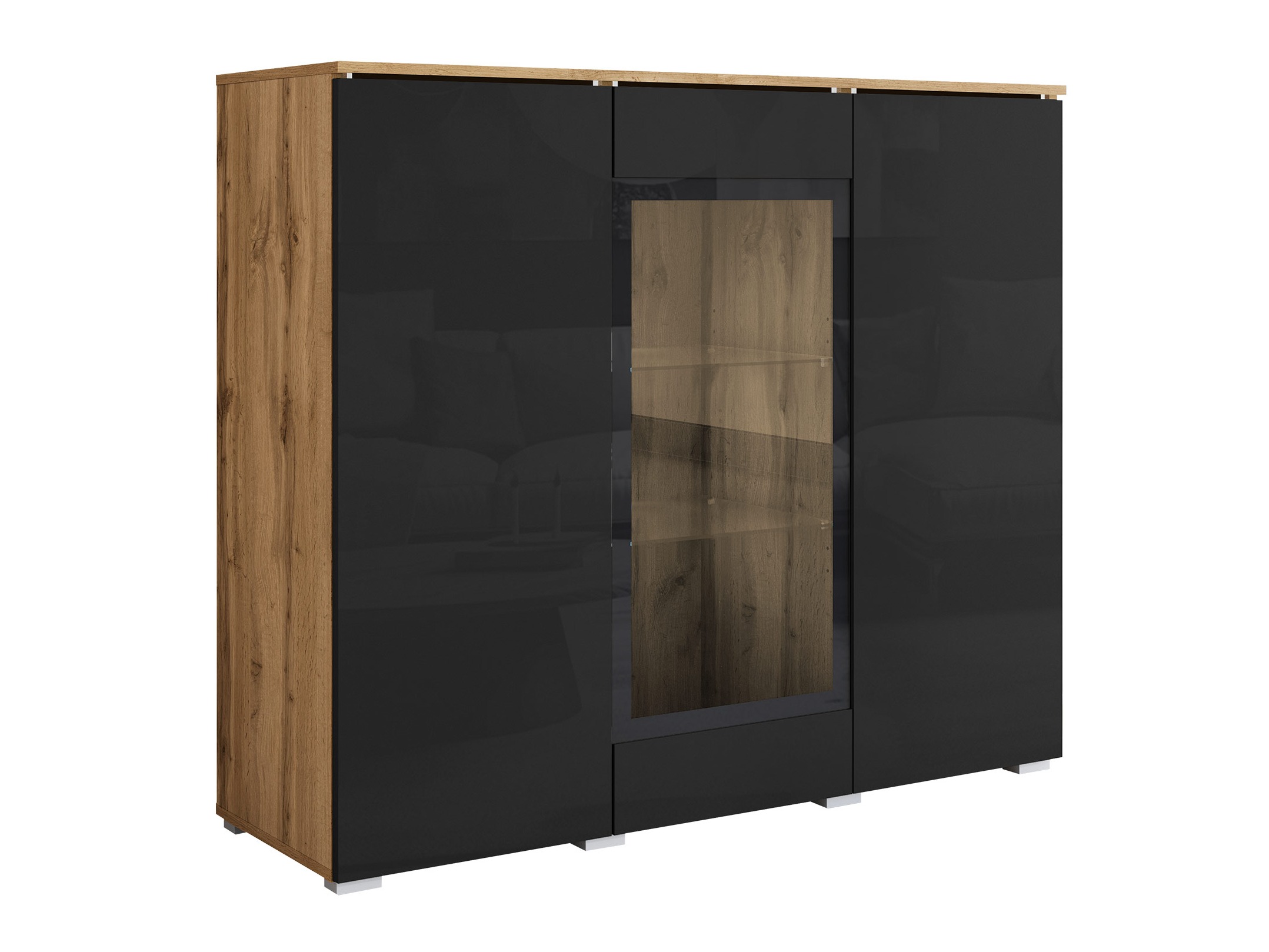 Sideboard Mirfivo 103 (Wotan Eiche + Schwarz glänzend)