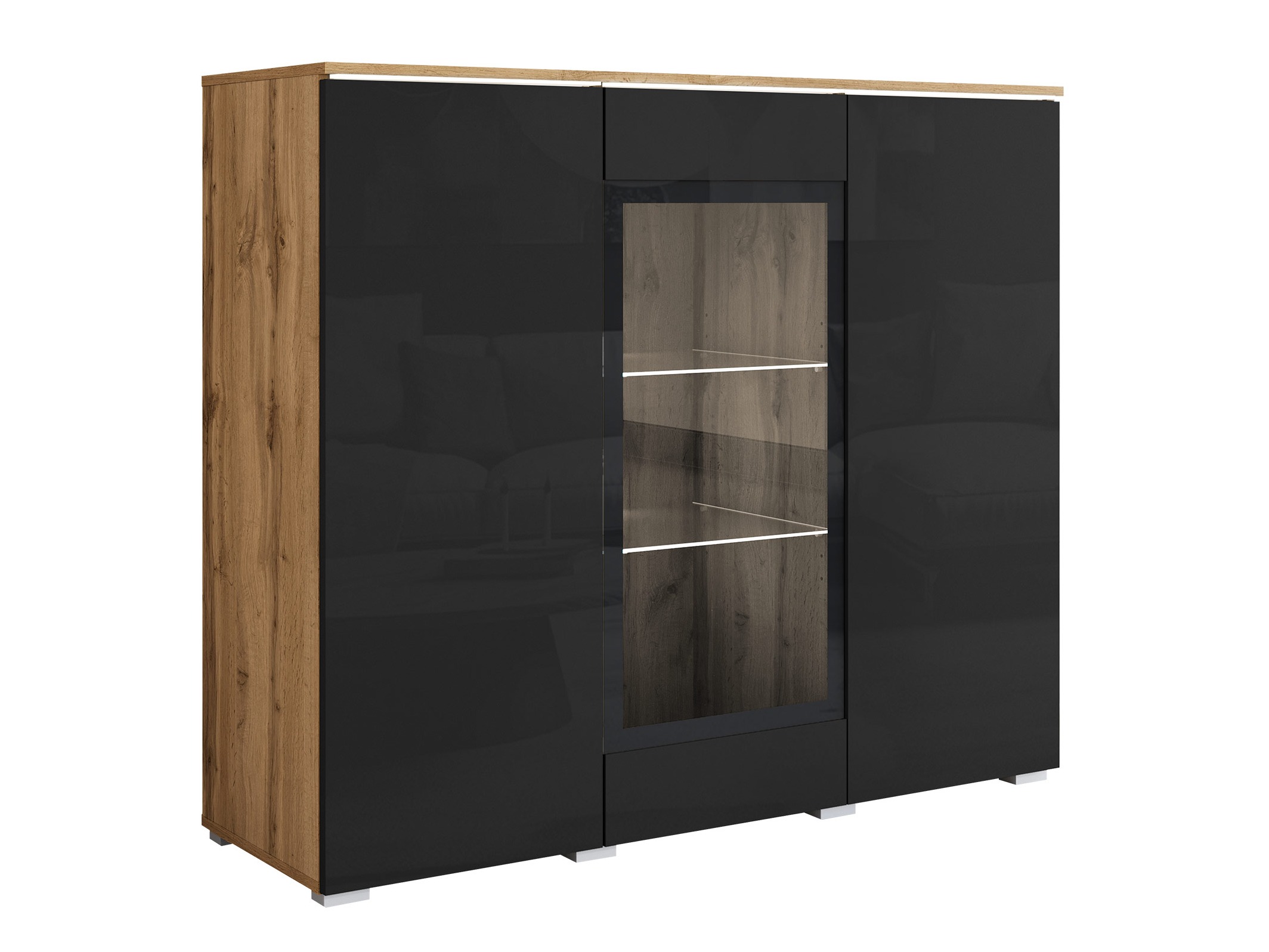 Sideboard Mirfivo 103 (Wotan-Eiche + Schwarz glänzend)