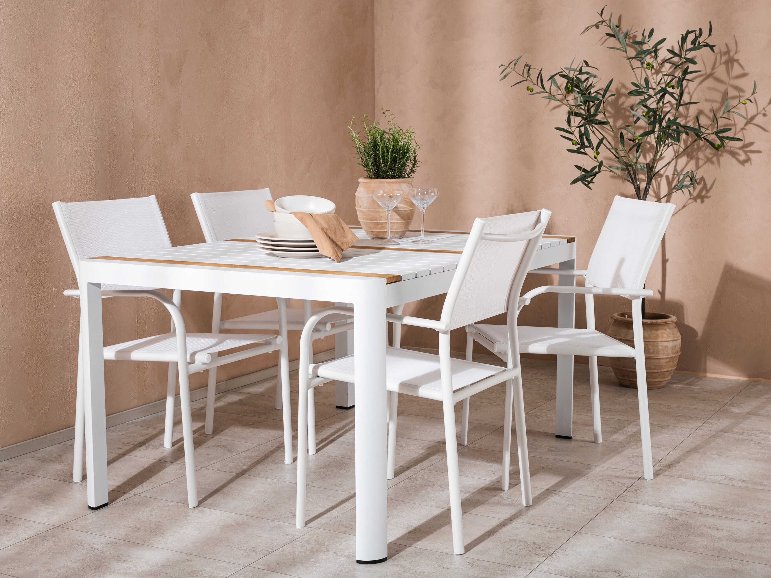 Tisch und Stühle Dallas 5318 (Weiss + Teakholz)