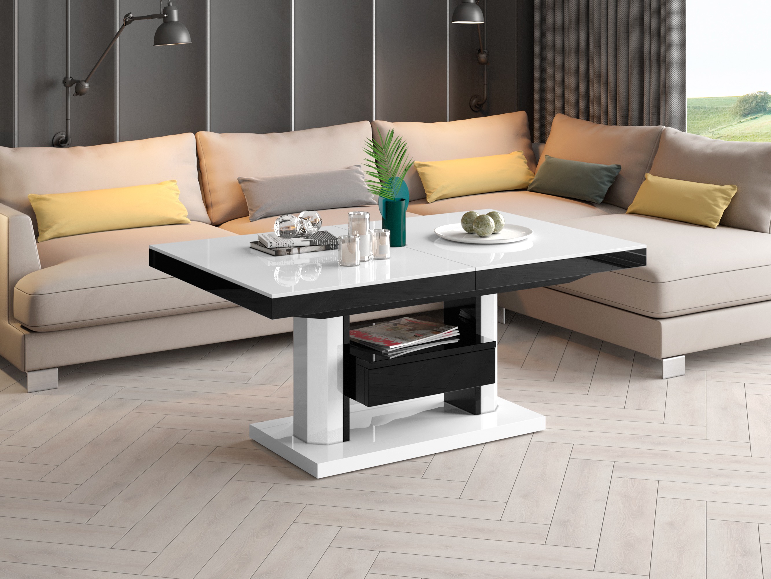 Couchtisch-Transformer Hoboken 100 (Weiss glänzend + Schwarz glänzend)