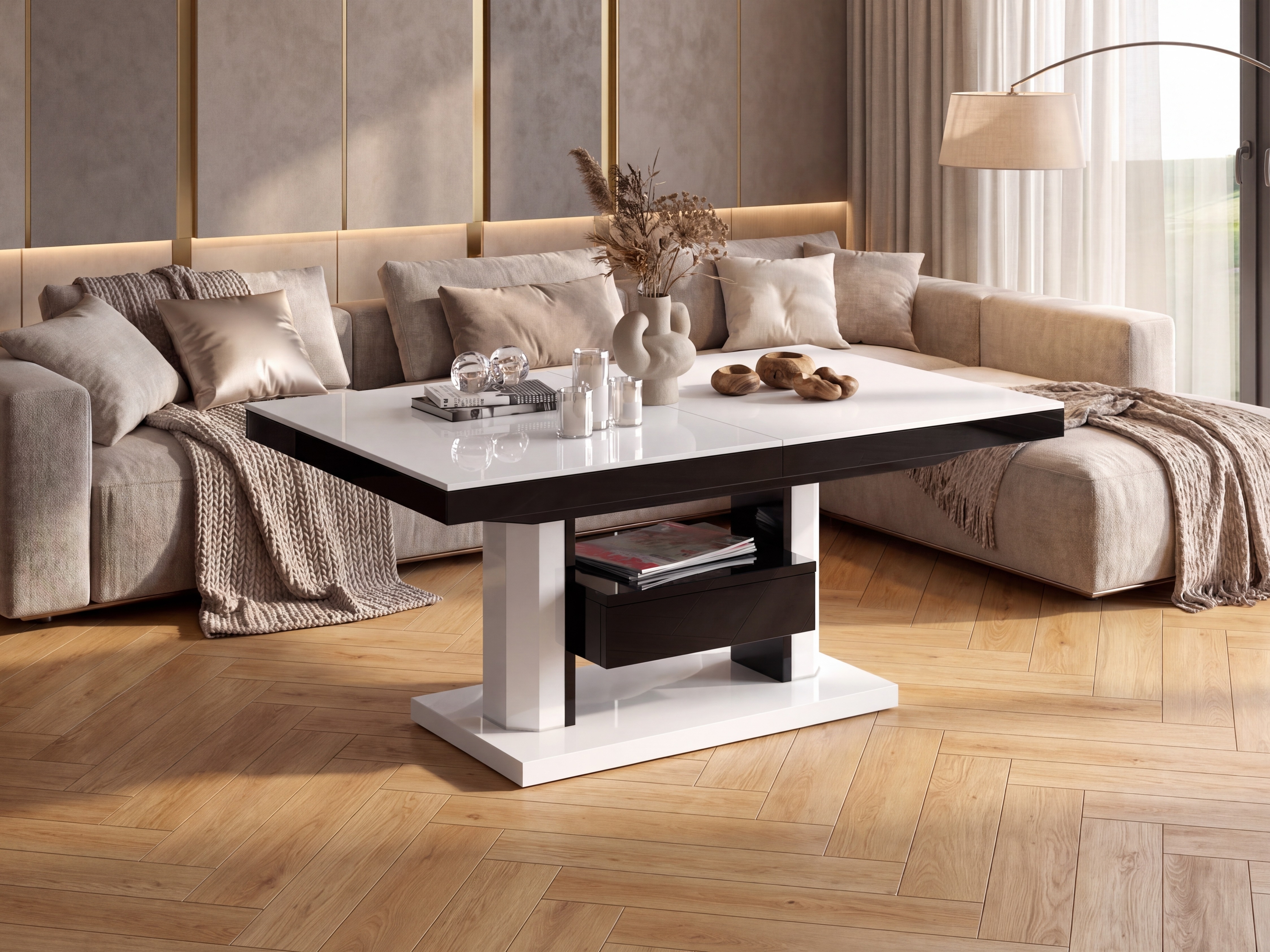 Couchtisch-Transformer Hoboken 100 (Weiss glänzend + Schwarz glänzend)