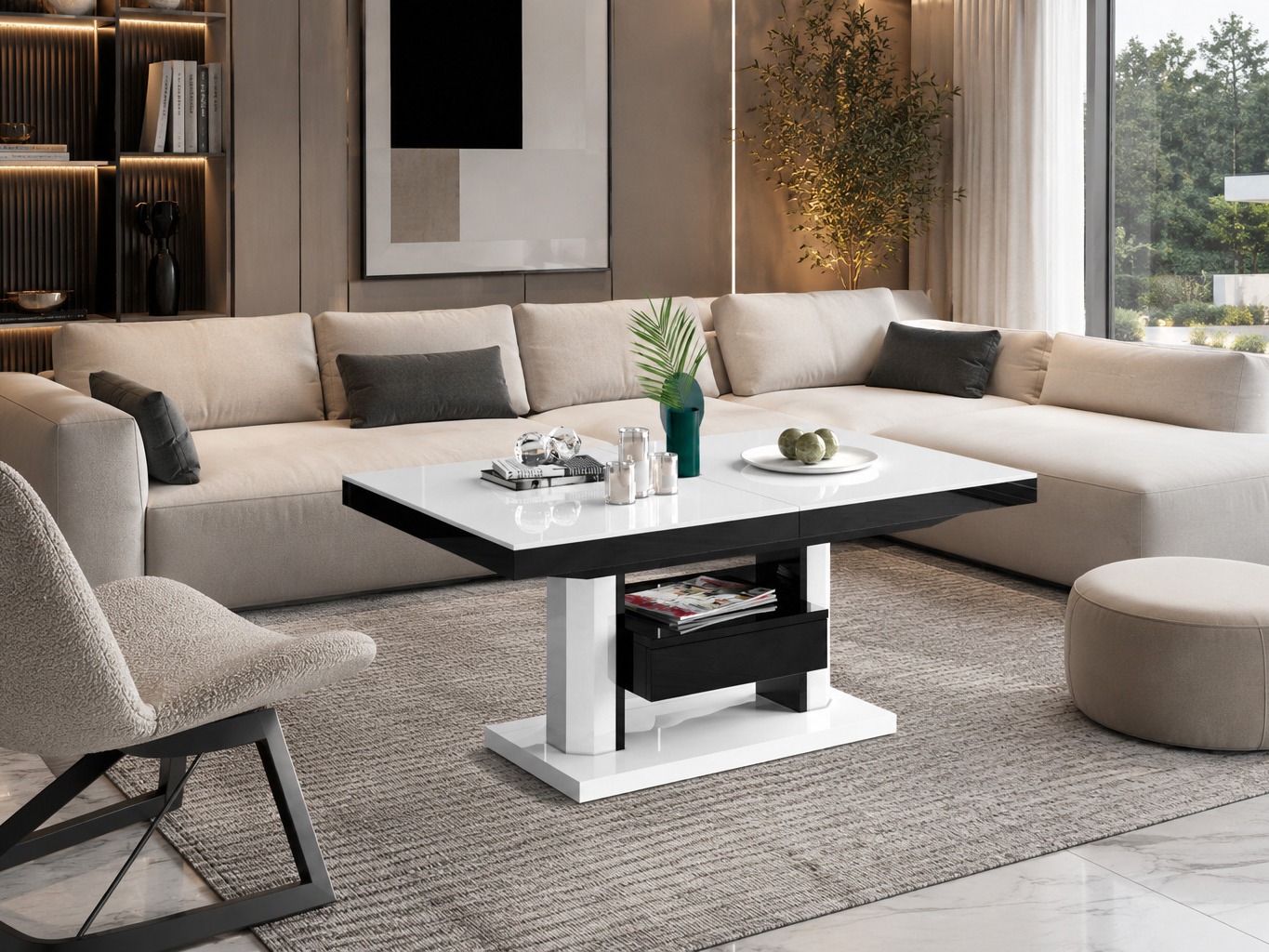 Couchtisch-Transformer Hoboken 100 (Weiss glänzend + Schwarz glänzend)