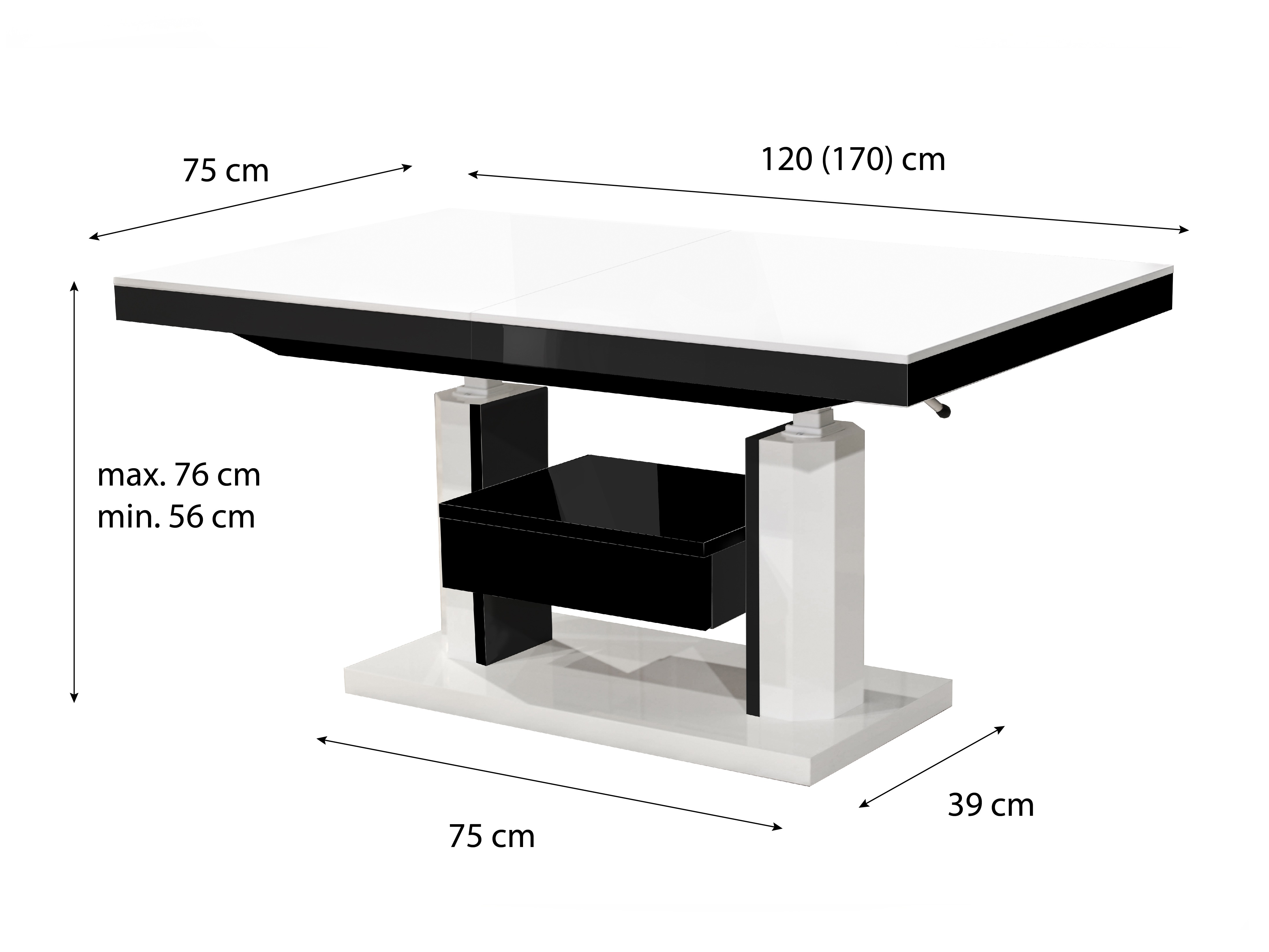 Couchtisch-Transformer Hoboken 100 (Weiss glänzend + Schwarz glänzend)