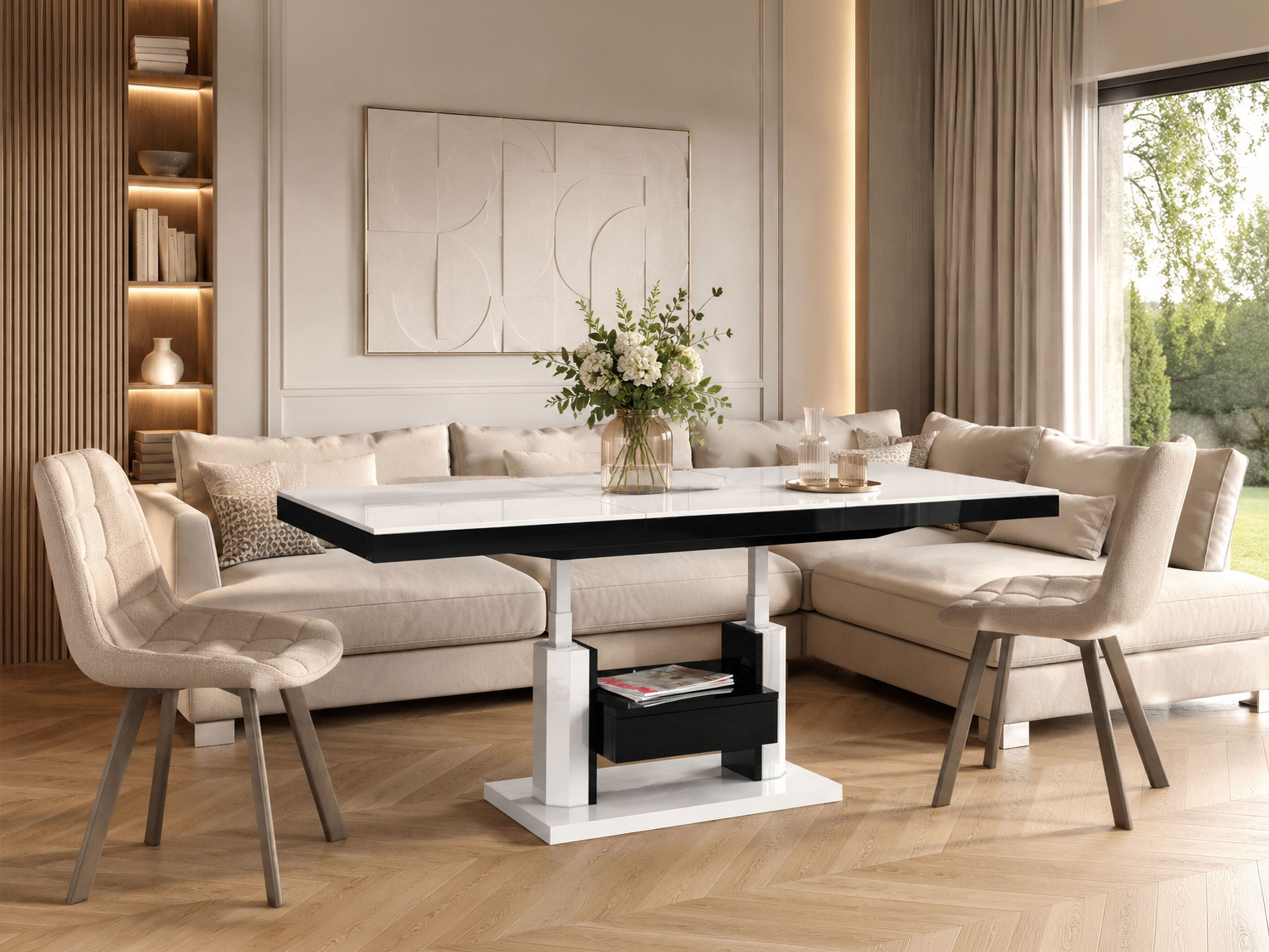 Couchtisch-Transformer Hoboken 100 (Weiss glänzend + Schwarz glänzend)